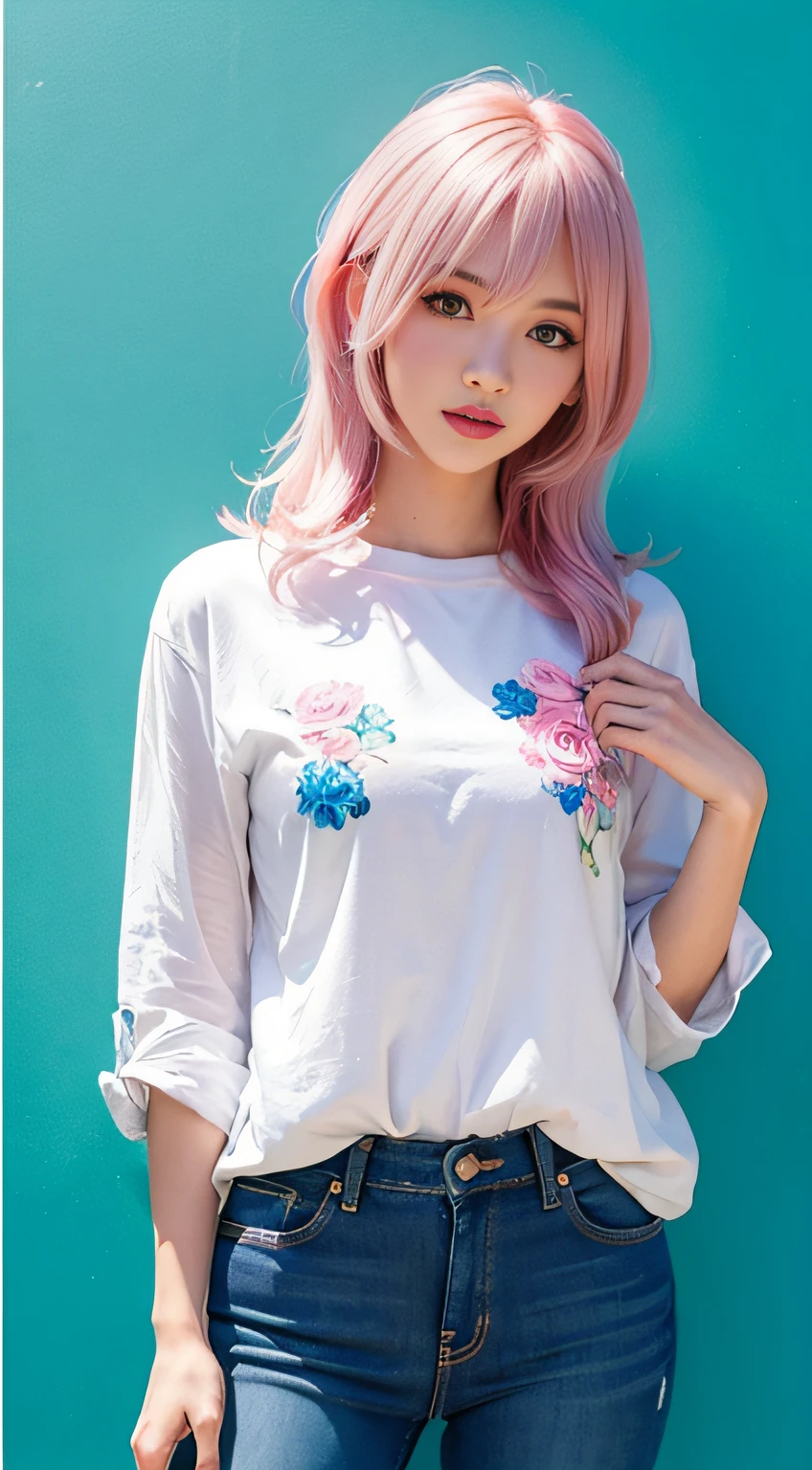 A woman with blue and pink hair, wearing a white shirt and jeans with flowers, pink and blue backgrounds, Artgem, anime girl, a realistic painting, computer art