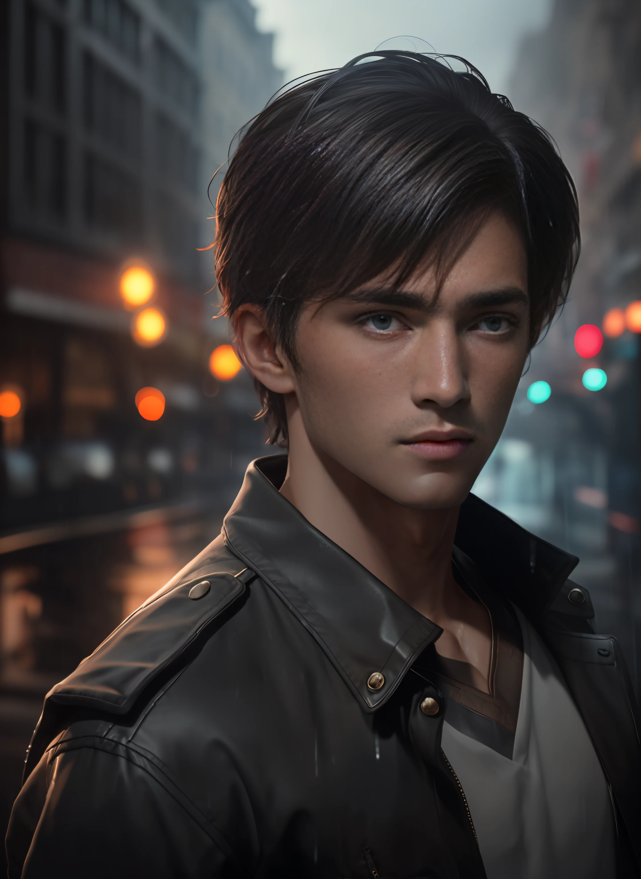 (RAW photo: 1.2), ((photorealistic: 1.4), (masterpiece: 1.3), (best quality: 1.4), ultra-high resolution, (detailed facial features), (detailed clothing features), HDR, 8k resolution, Handsome guy, , (masterpiece, ultra quality, high resolution, 8k, intricate: 1.2), (detailed face: 1.2), Mesmerizing portrait of a young guy in a translucent tunic soaked in the rain, his charming eyes looking through tousled hair, eyes, visible through hair, correct eye position, natural skin, backlight, cinematic light, bezel light, soft light, thighs, at night, urban background, detailed color background, complex, very detailed, octane rendering, HD, 8k,