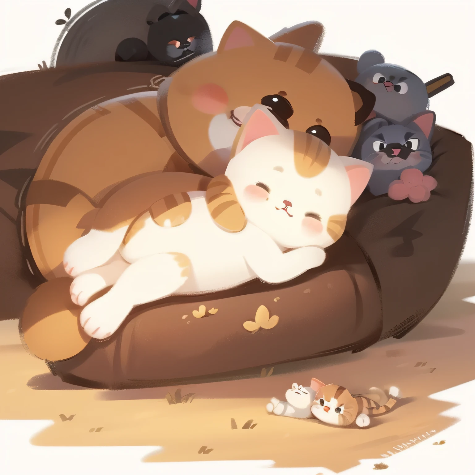 A kitten sleeps lazily on the sofa,a white background,Available in illustrations,cute cartoon