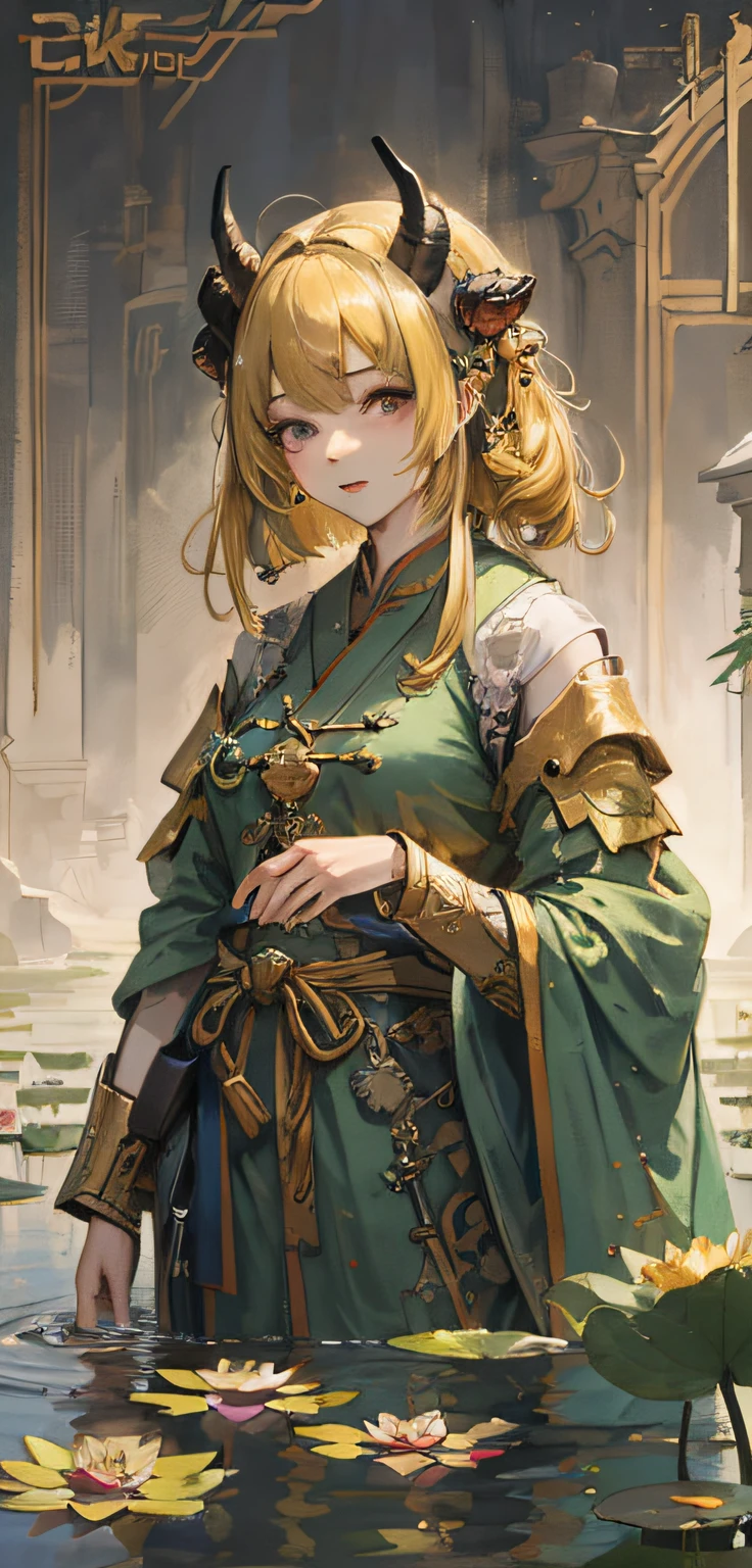 ((4K, masterpiece, best quality)), shuimobysim, Chinese painting, 1 beautiful girl with horns, light green Hanfu, lotus pond background, holding a lotus canopy, looking at the audience, teasing, (careful golden horns) (careful face) (golden horns: 2.2)