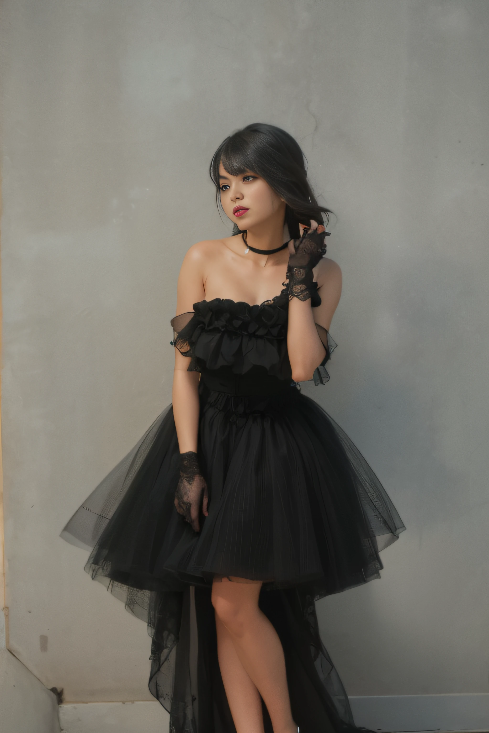 there is a woman in a black dress posing for a picture, black gothic lolita dress, vintage gothic gown, gothic dress, or black, wearing a gothic dress, emaciated black evening gown, romantic dress, dark gothic dress, black gown, wearing organza gown, tube-top dress, an elegant gothic princess, black victorian dress, strapless dress