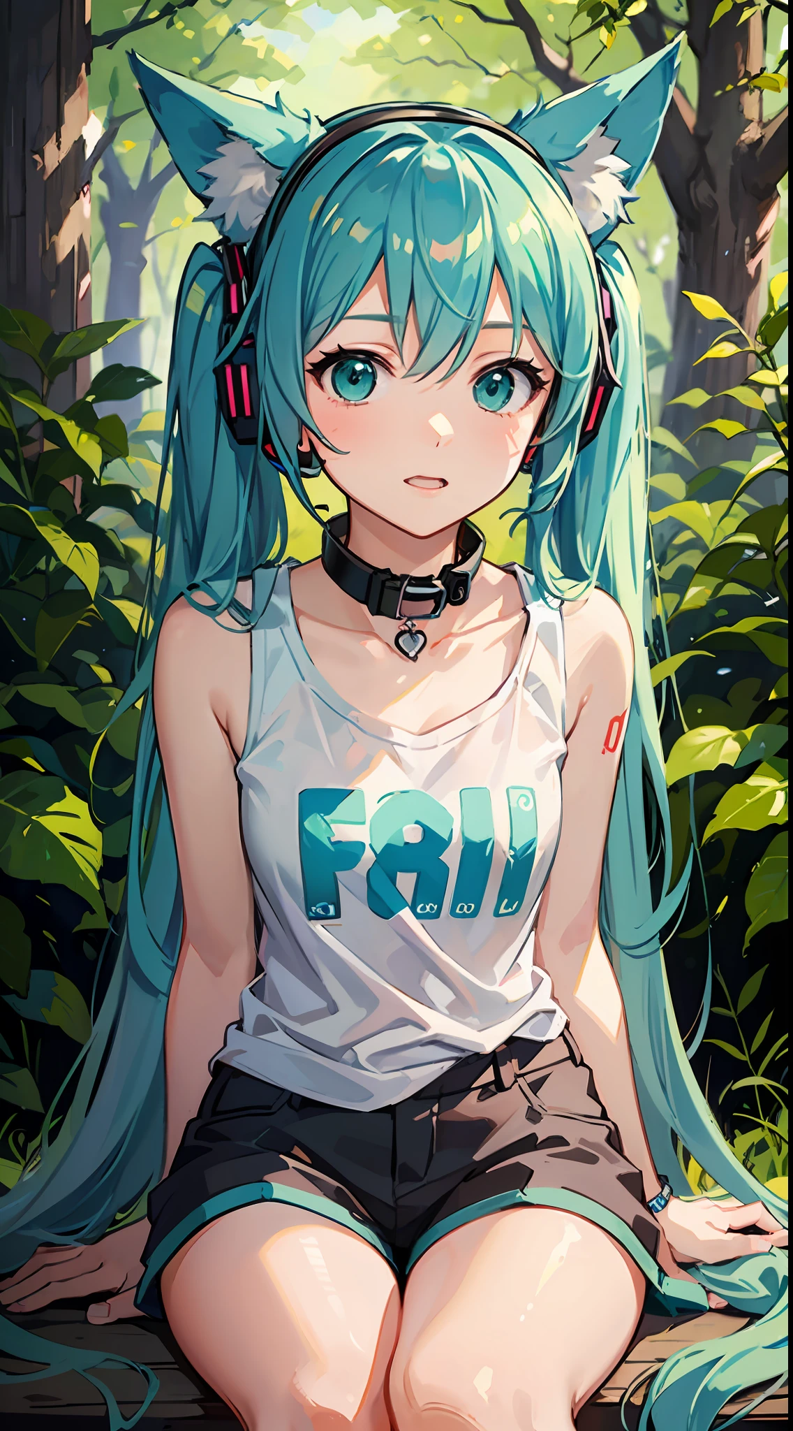 Hatsune Miku, fox ears, fox tail, forest, green hair, green eyes, vocaloid, girl in need, collar, white shirt, t-shirt, blue short, sleeveless, looking at viewer, sitting,