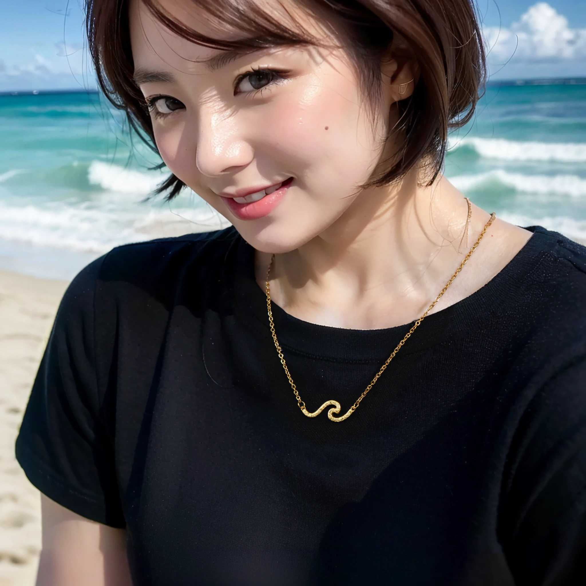 (Best Quality, 8k, 32k, Masterpiece, UHD: 1.2), cute Japan woman photo, smile, very short bob hair, upper body, face focus, hawaii beach background, from above, watch the viewer,black t-shirt,