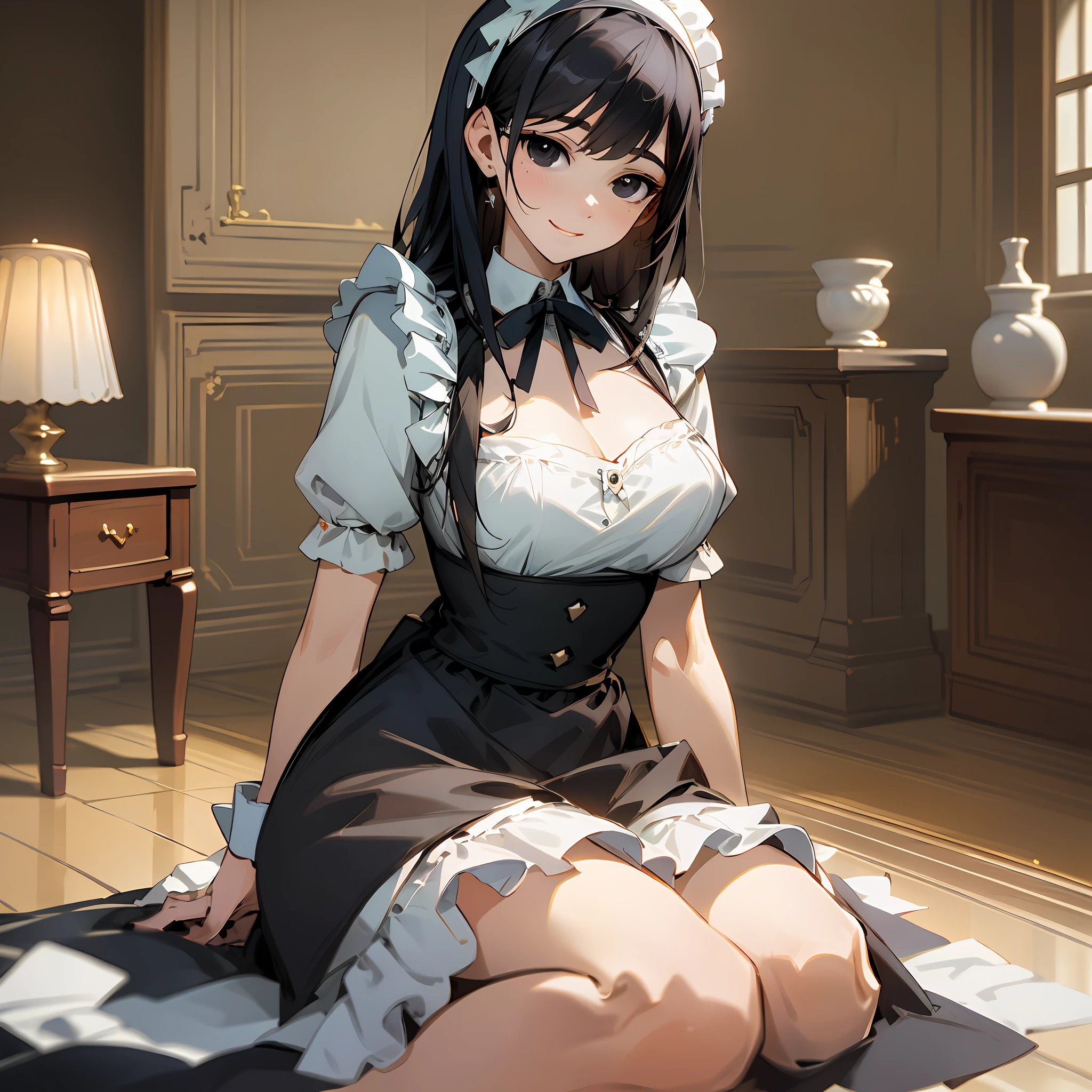 (best quality, masterpiece) 1 woman, black straight hair, black eyes, dim eyes, medium length chin, black maid's dress, maid's headband, upper body, bust shot, large chest, calm posture, peaceful atmosphere, smile, indoor background, blurred background, Color Field painting, high detail, modern, anime, Romanticism, drop shadow, image fill, UHD, masterpiece, super detail, high details, high quality, best quality, HD