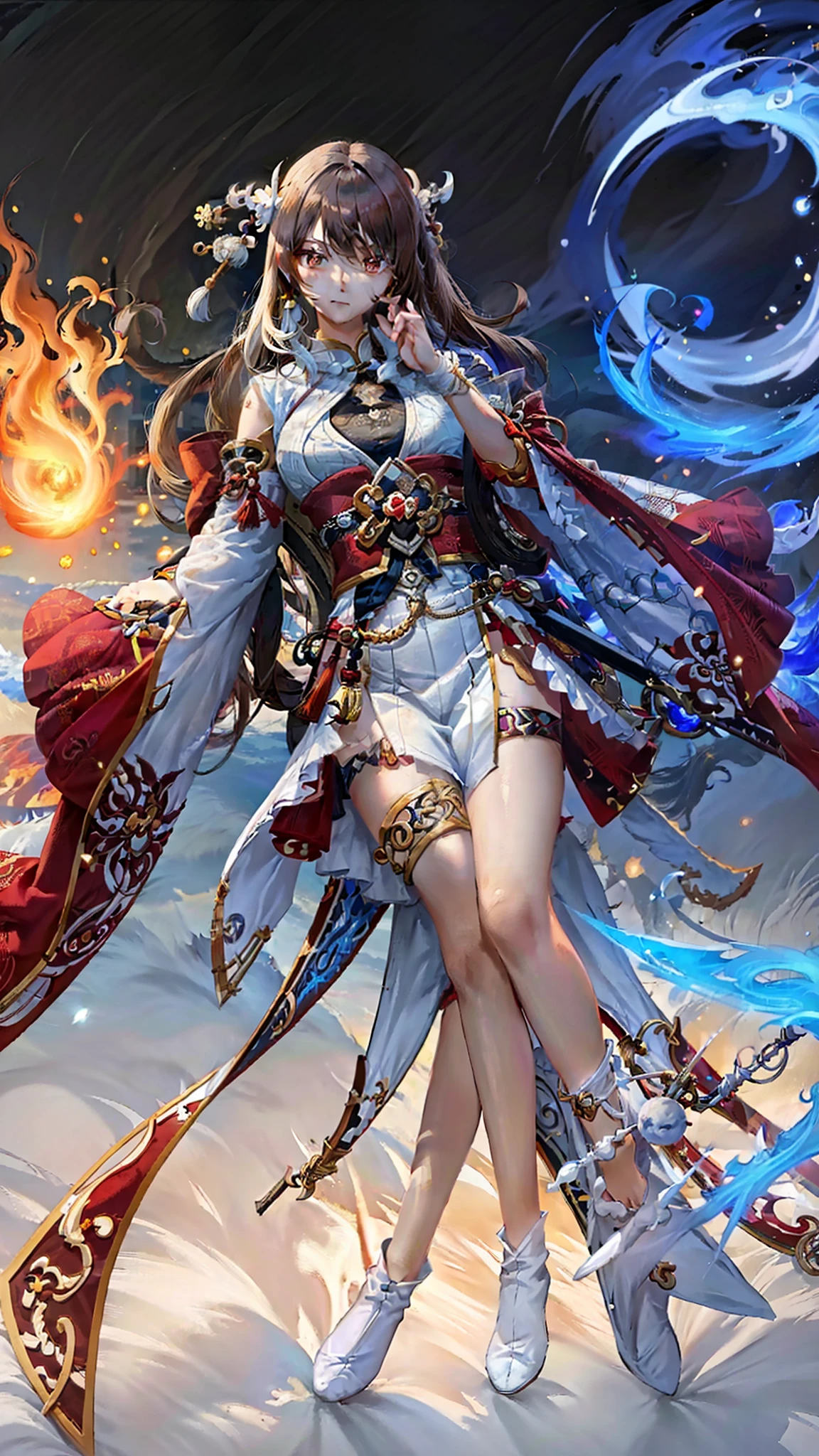 a woman in a white dress holding a sword and a fire ball,lunox from mobile legend bang bang, beautiful celestial mage, onmyoji detailed art, onmyoji, g liulian art style, keqing from genshin impact, ig model | artgerm, trending on cgstation, extremely detailed artgerm, rossdraws global illumination