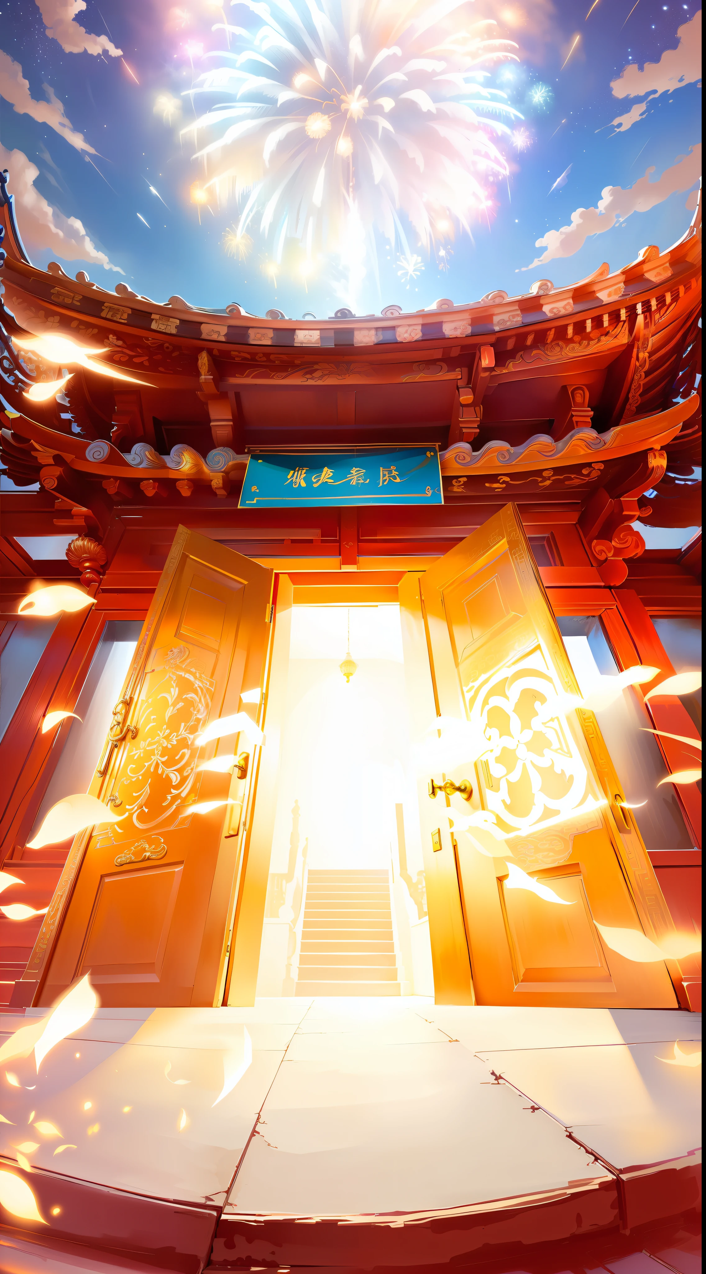 HD, looking up, chinoiserie architecture, an open door, emitting golden light, stairs, fireworks, night --auto