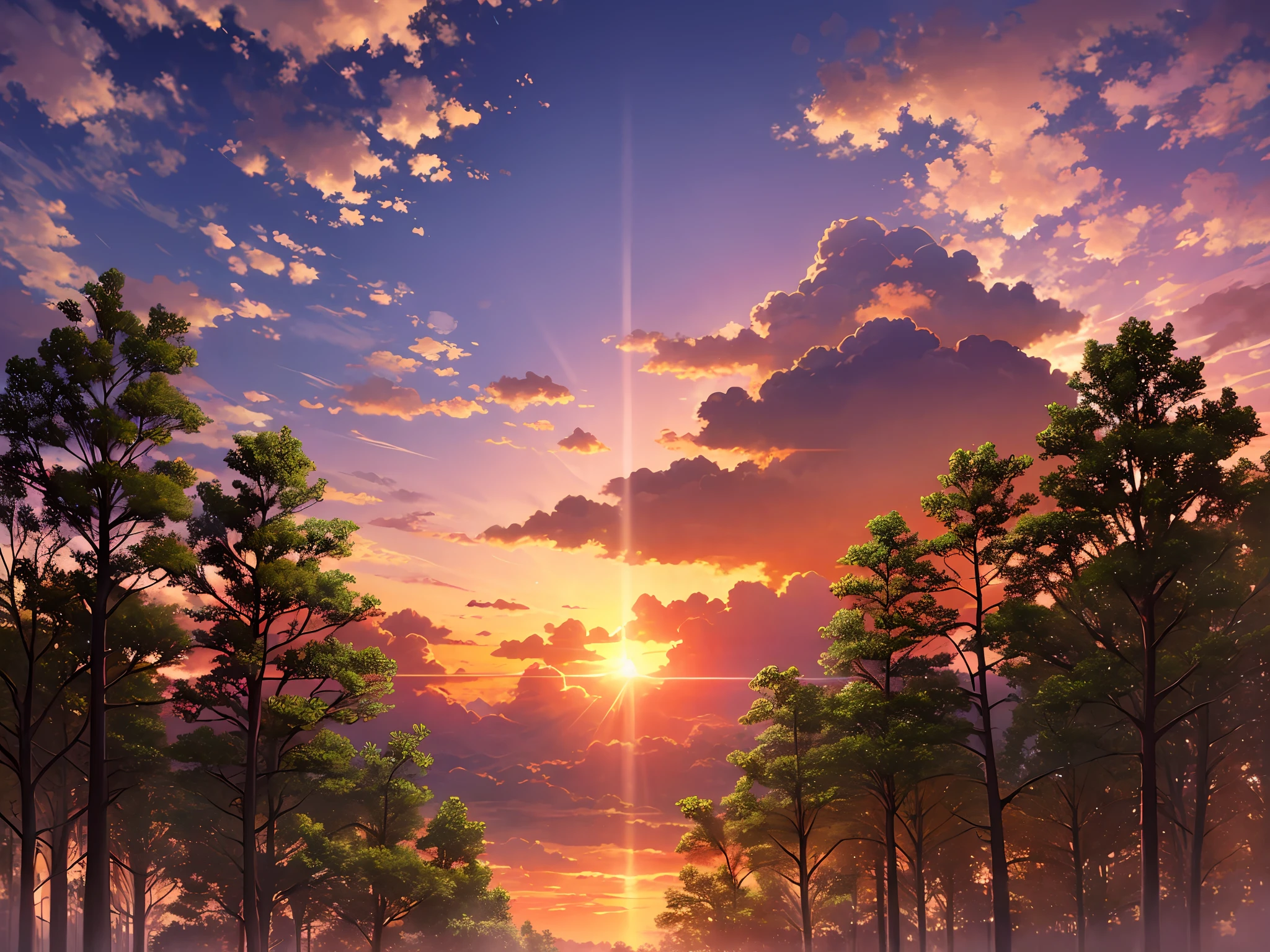 There is a picture of the sky with clouds and trees, standing in the middle of the woods looking up, looking at the sky, not splashing, aestheticism, sky setting, sky theme in the background, heaven in the background, ((sunset)), the sky outside is orange, the setting is happiness wallpaper, during sunset it is sunset, it is afternoon, miraculous cloudy background, sunset sky, sunset time, nostalgic atmosphere