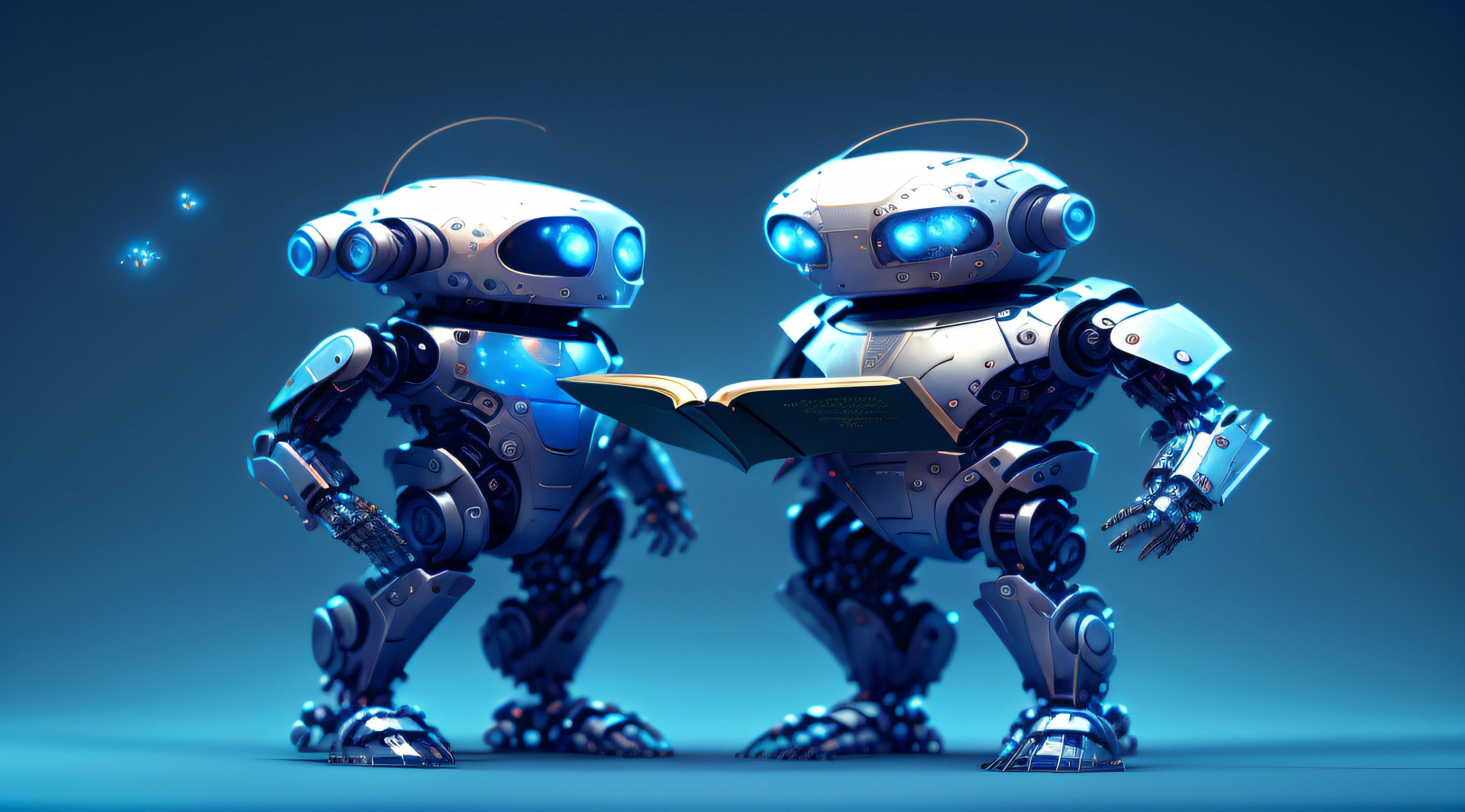 two robots are standing next to each other and reading a book, cute cyber gods, cybersuits, beautiful robot character design, diverse cybersuits, futuristic robots, scifi robots, art render, 3d characters, complex cybernetic beings, focus on two androids, symmetry! futuristic robotic, rendered art, next gen, 3 d render stylized, 3 d animated movie