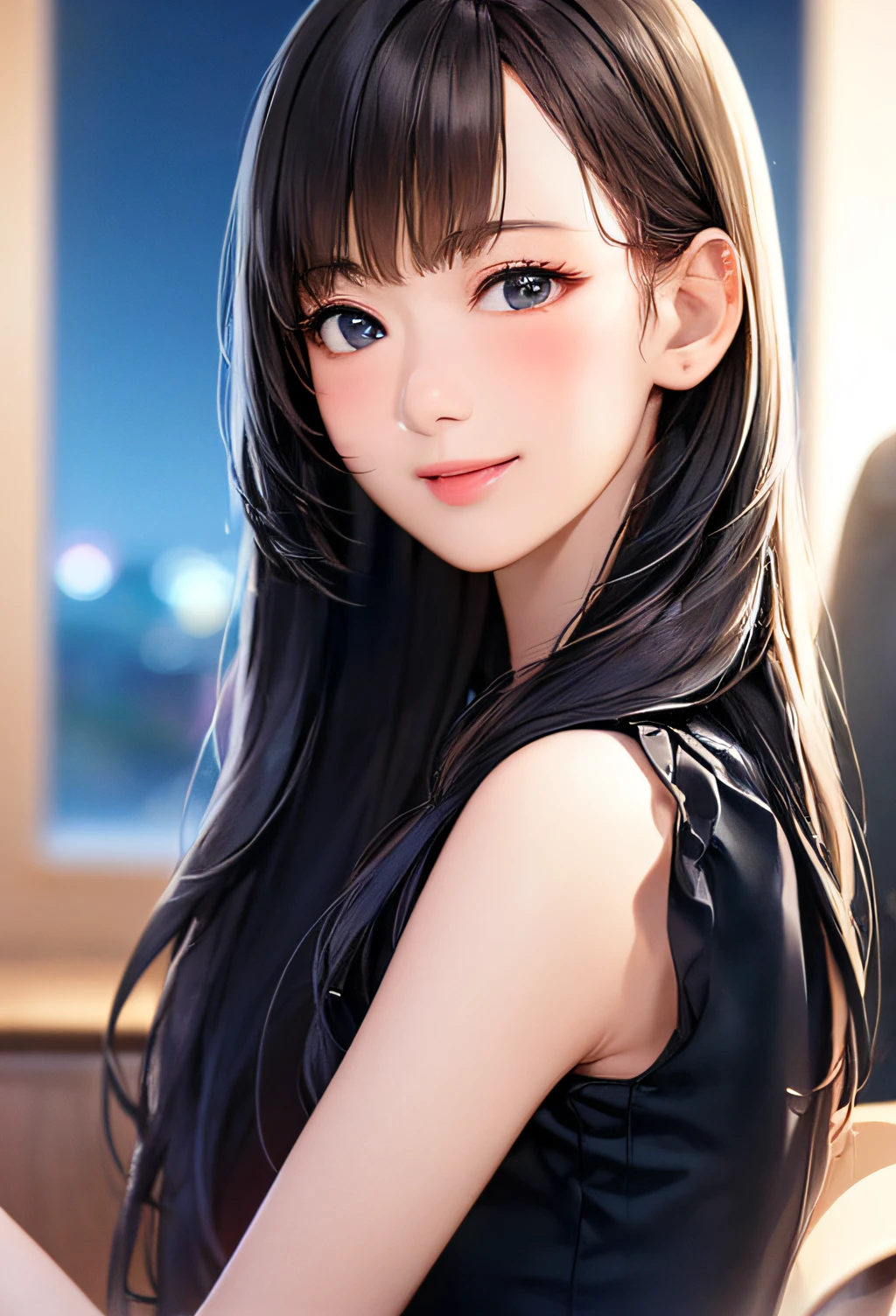 (8k, top quality, masterpiece: 1.2), (realistic, photorealistic: 1.37), super detailed, girl single, cute, solo, midnight, beautiful detailed sky, detailed café, sitting, date, (blush), (smile: 1.15), small breasts (mouth closed), beautiful fine eyes, floating hair NovaFrogStyle, back open dress