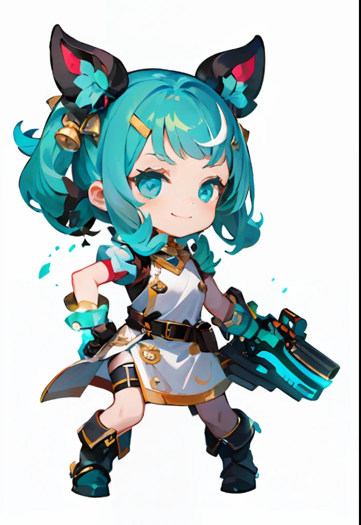 (celluloid: 1.4), a cute girl, young girl, full body, cyan hair, smile, head-mounted display, hair accessory, hairpin, bell, belt, boots, belt, modern clothing, five-finger gloves, pistol in hand, battle stance, white background