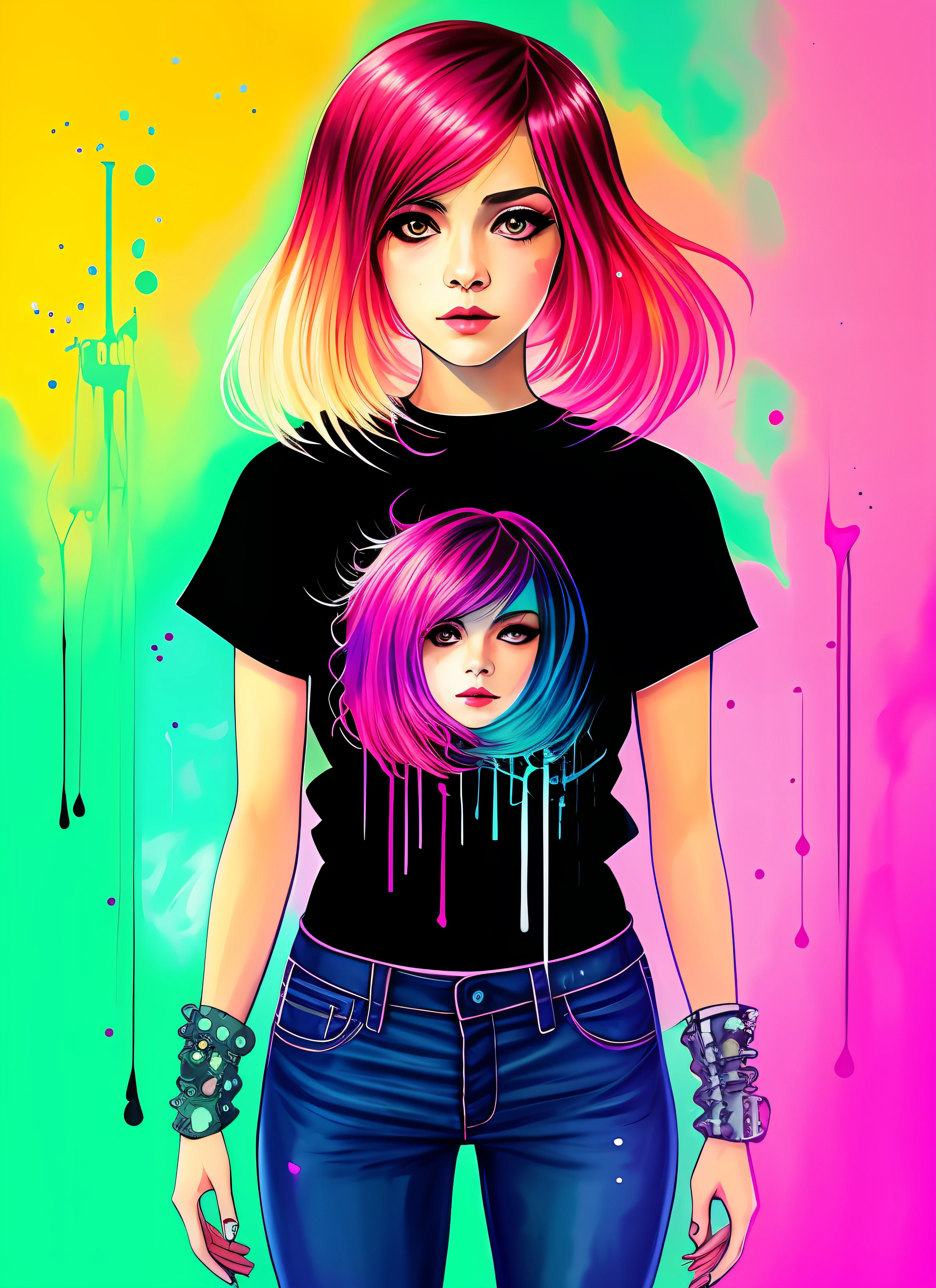 chibi swpunk style synthwavea woman by agnes cecile, luminous design, pastel colours, ink drips, autumn lights