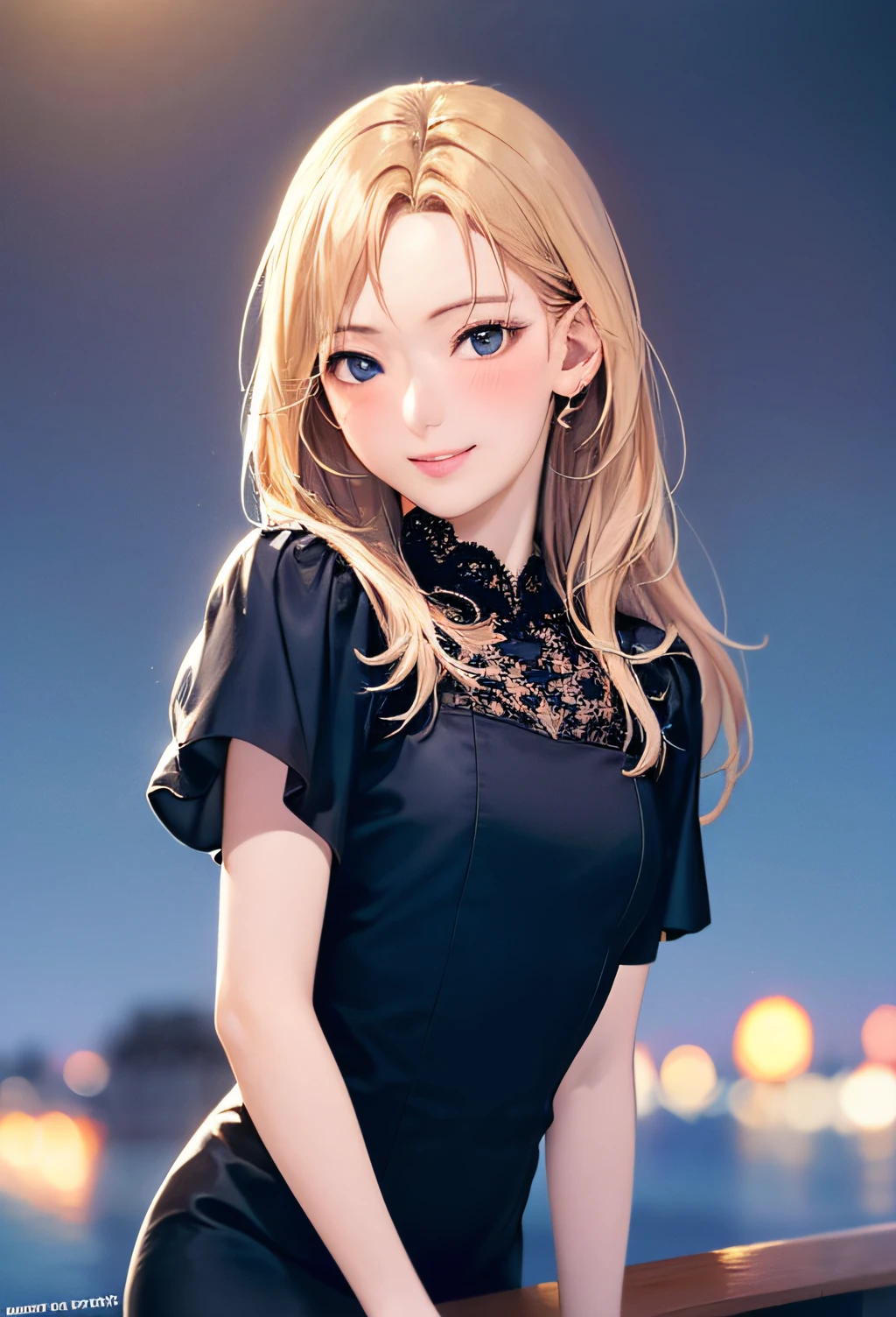 (8k, top quality, masterpiece: 1.2), (realistic, photorealistic: 1.37), super detailed, girl single, cute, solo, midnight, beautiful detailed sky, detailed café, sitting, date, (blush), (smile: 1.15), small breasts (mouth closed), beautiful fine eyes, floating hair NovaFrogStyle, back open dress