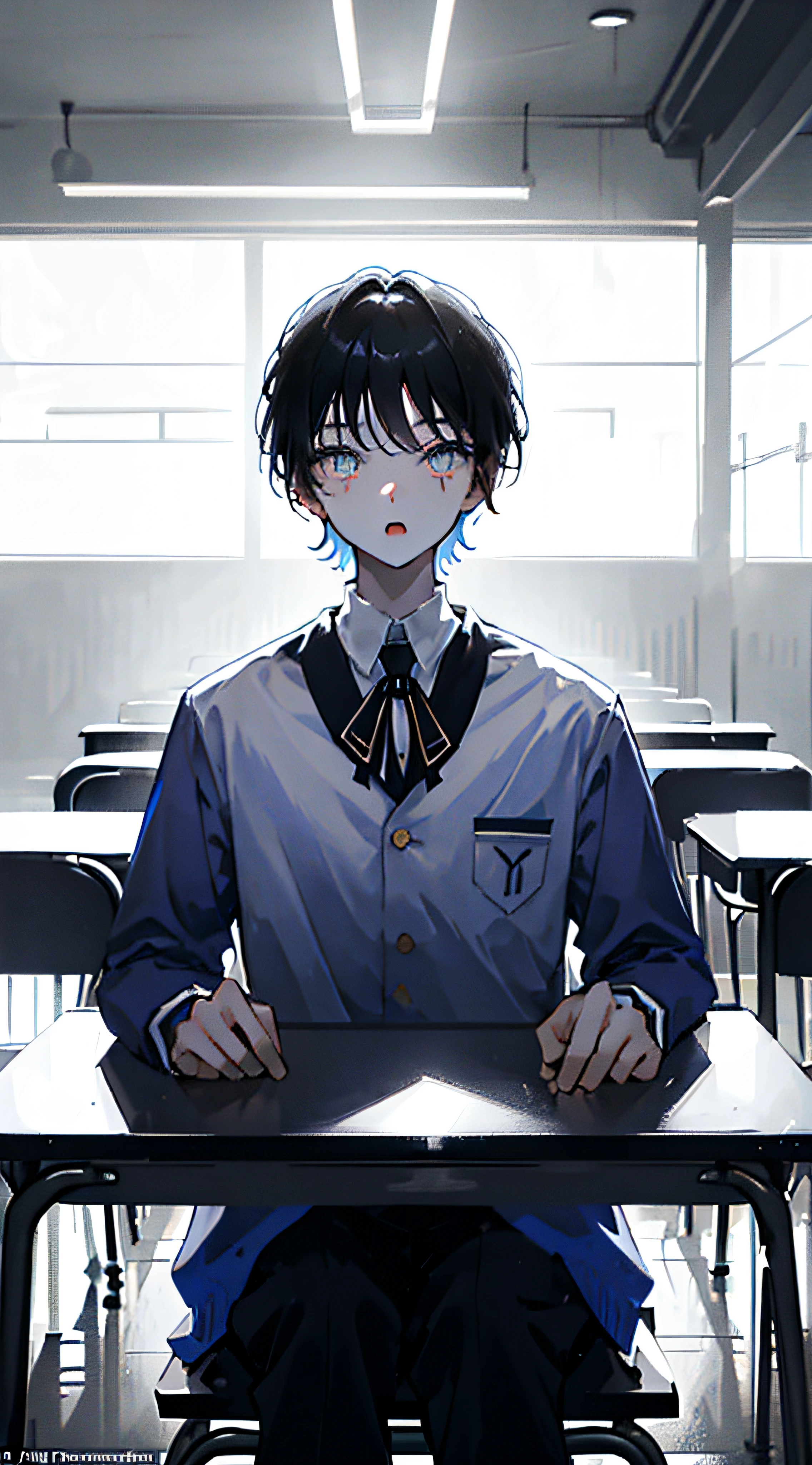 ((Boy: 2, Best Quality)), son, wearing a light blue school uniform, sitting on a class seat, hands parallel to the table, square face, inch, pupils narrowed, mouth slightly open, a look of surprise, looking at the audience, face close, (masterpiece), facing the audience, only counting the facial area.