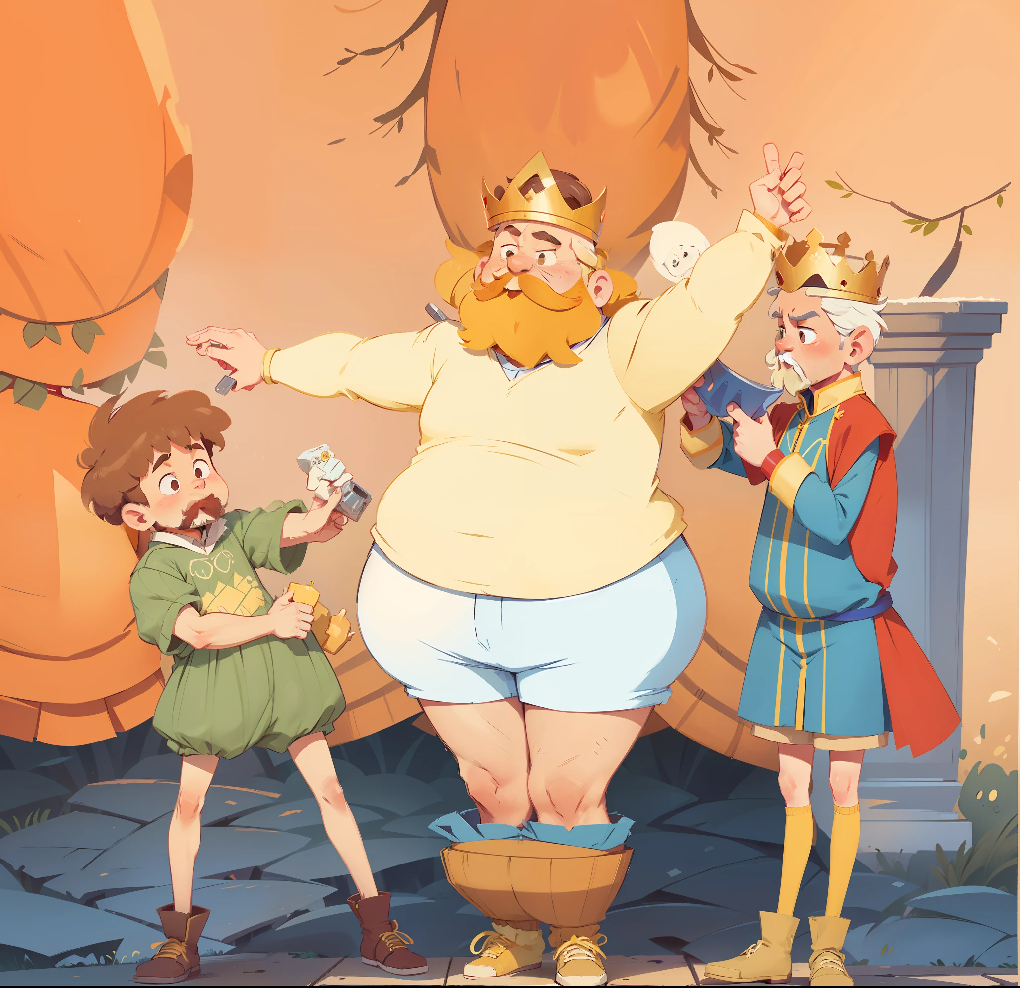 Two male servants measure a fat king with a yellow beard standing on a small bench, the emperor's new clothes