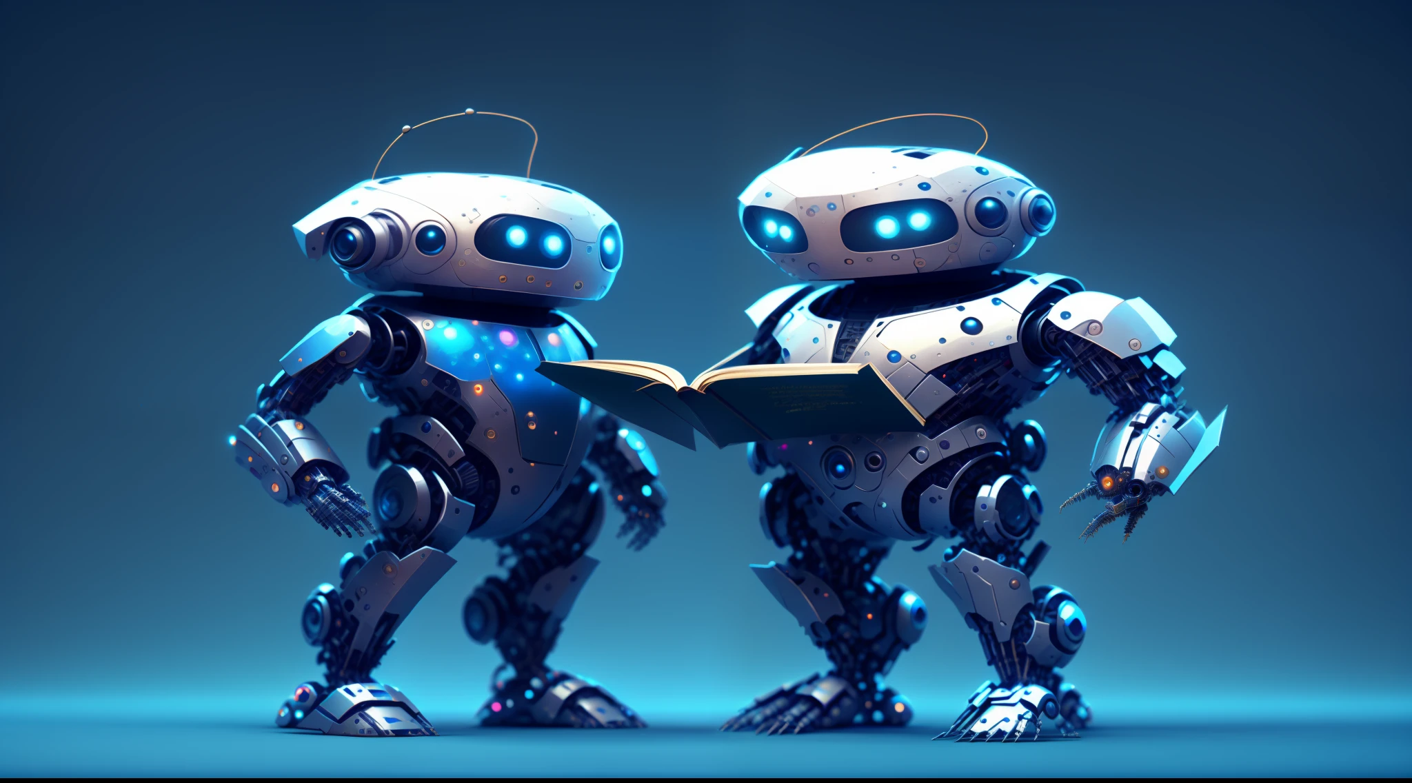 two robots are standing next to each other and reading a book, cute cyber gods, cybersuits, beautiful robot character design, diverse cybersuits, futuristic robots, scifi robots, art render, 3d characters, complex cybernetic beings, focus on two androids, symmetry! futuristic robotic, rendered art, next gen, 3 d render stylized, 3 d animated movie
