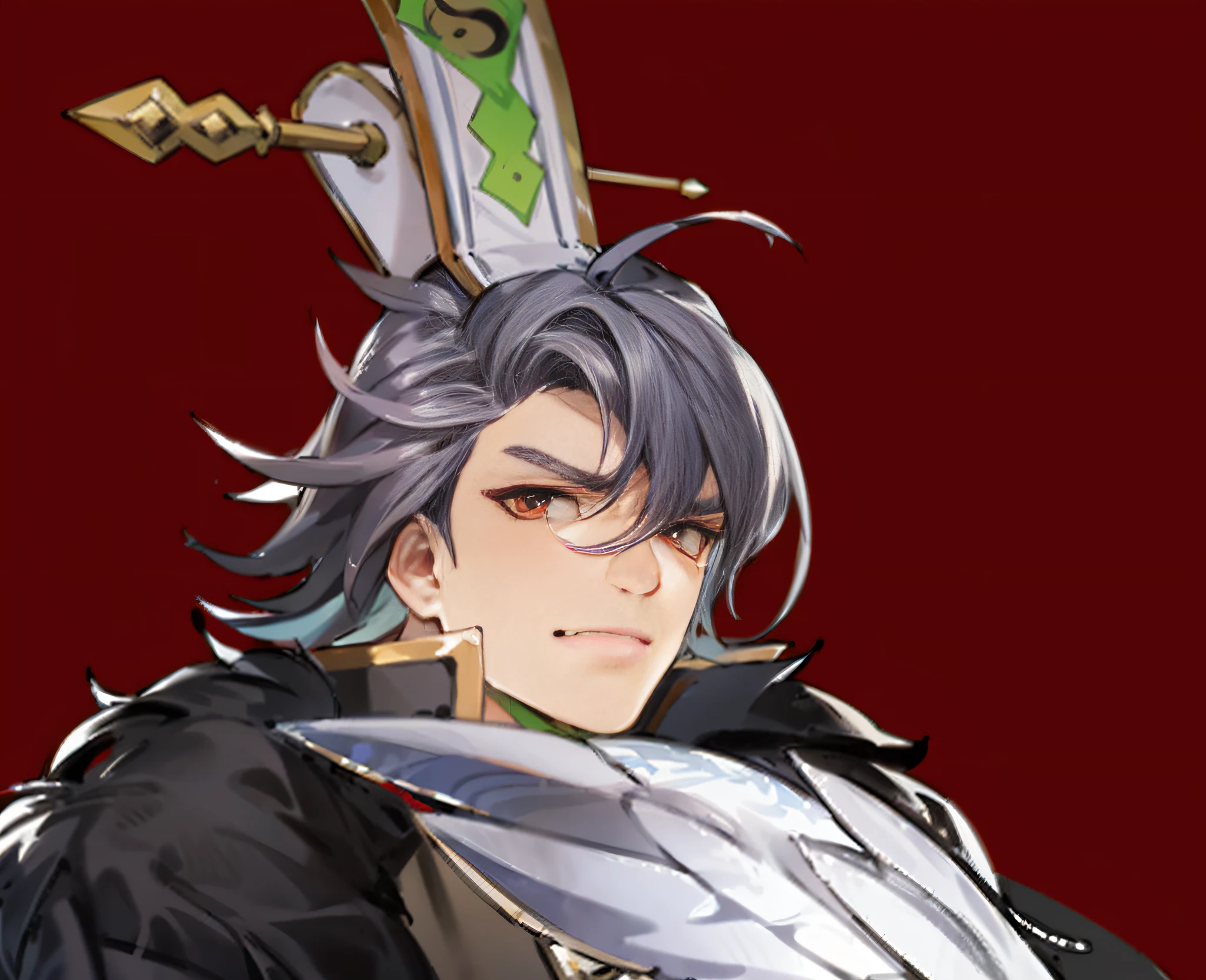 Masterpiece, Best Quality, High Resolution, (Masterpiece:1.4), Ultra Detailed, Delicate Eyes, Gray Hair, Handsome Guy, Red Pupils, Knight, Black and Red Antique Brocade Hanfu, Onmyoji Style, Gorgeous Portrait Shot, FOV, f1.8, Genshin style character, Goryoshi detail face, Onmyoji portrait, Taisho Rome, Discord PFP, Rogue smir, Casimir Art, Genshin Impact Katsakiyo, Genshin Impact Character, Clear RPG Portrait, Masamune Shiro, Genshin Impact Nakata, Goryo Details Face