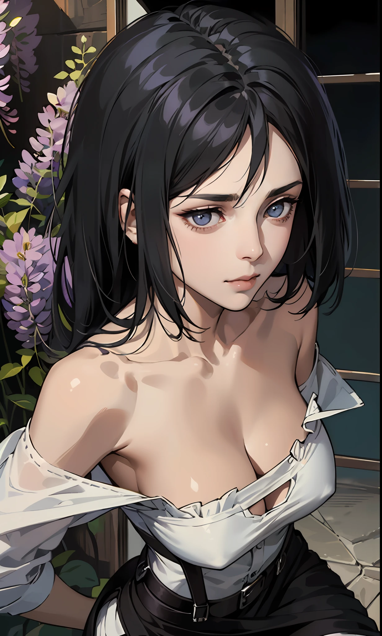 masterpiece, seductive face, good lighting, décolleté, huge breasts, small details, masterpiece, glowing eyes, 1girl, short black hair, gag, Mikasa Ackerman , wisteria background, masterpiece, best quality, POV, whole body, wide hips,