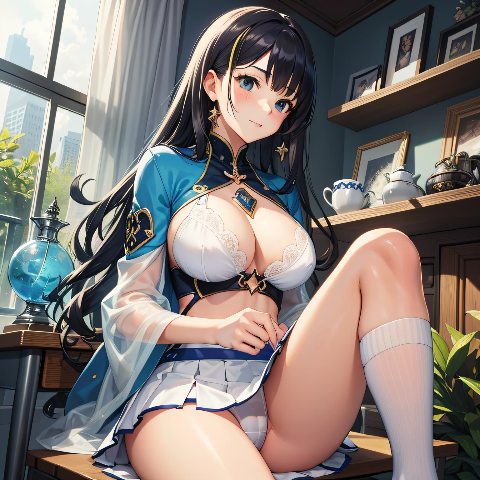 Two girls. A world of swords and sorcery. Sitting on a chair, drinking tea on the desk. White underwear. Miniskirt. Knee-high socks. Big tits. Opening the crotch. Watching from under the desk.