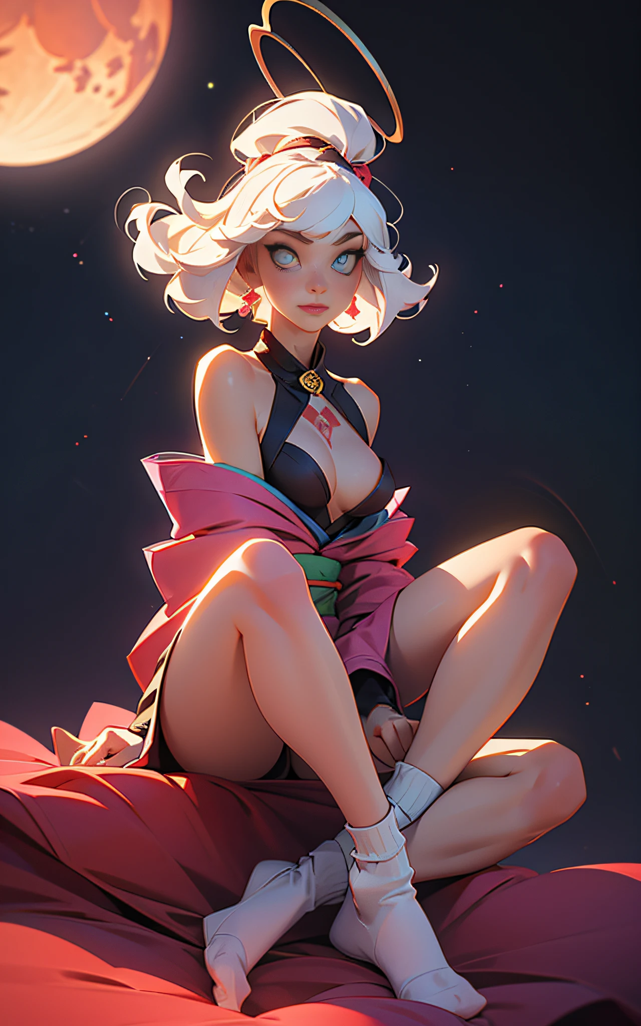 Best Image Quality, MasterPiece, Ultra High Resolution, (Accuracy: 1.4), Very beautiful girl, long straight hair, white hair with bangs, dressed in an unbuttoned kimono, naked big breasts, naked, sitting in lotus position, detailed legs, (flawless anatomy) (detailed anatomy), perfect anatomy, white socks, short socks, arms pointing to the sides, tattoo on neck and chest, reciting mantras, against the background of the night starry sky there is a big fluffy hare, Red Moon. detailed eyes, eyes of different colors, detailed face, naked body,, nfsw, beautiful detailed eyes, halo around the head, dull, dark, membranous, 1.5), (erotic clothing: 1.4), bare shoulders.
