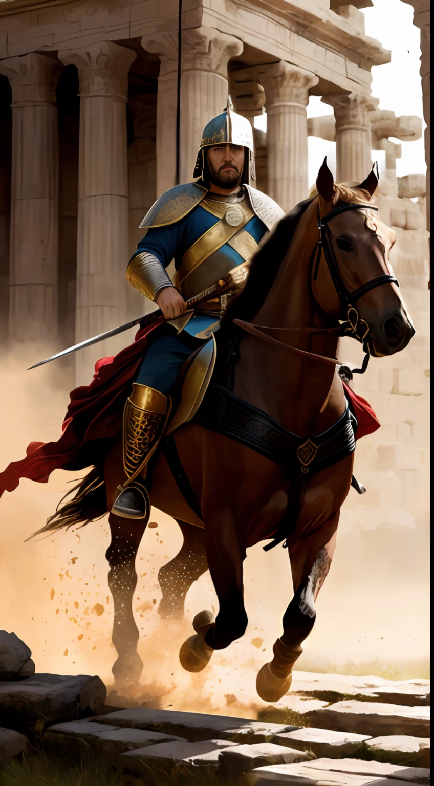 (masterpiece, best quality, high resolution:1.2), King Alaric I, (majestic Visigoth attire:1.2), crown upon his head, leading his valiant troops, fierce warriors, charging into battle, ancient city of Rome in the 5th century, grand architectural backdrop, (detailed stone buildings, crumbling ruins:1.1), clash of swords, dust-filled air, warm sunlight casting long shadows, historical accuracy, intricate details, realistic style, trending on ArtStation, intense emotion, dynamic composition, mid-action.