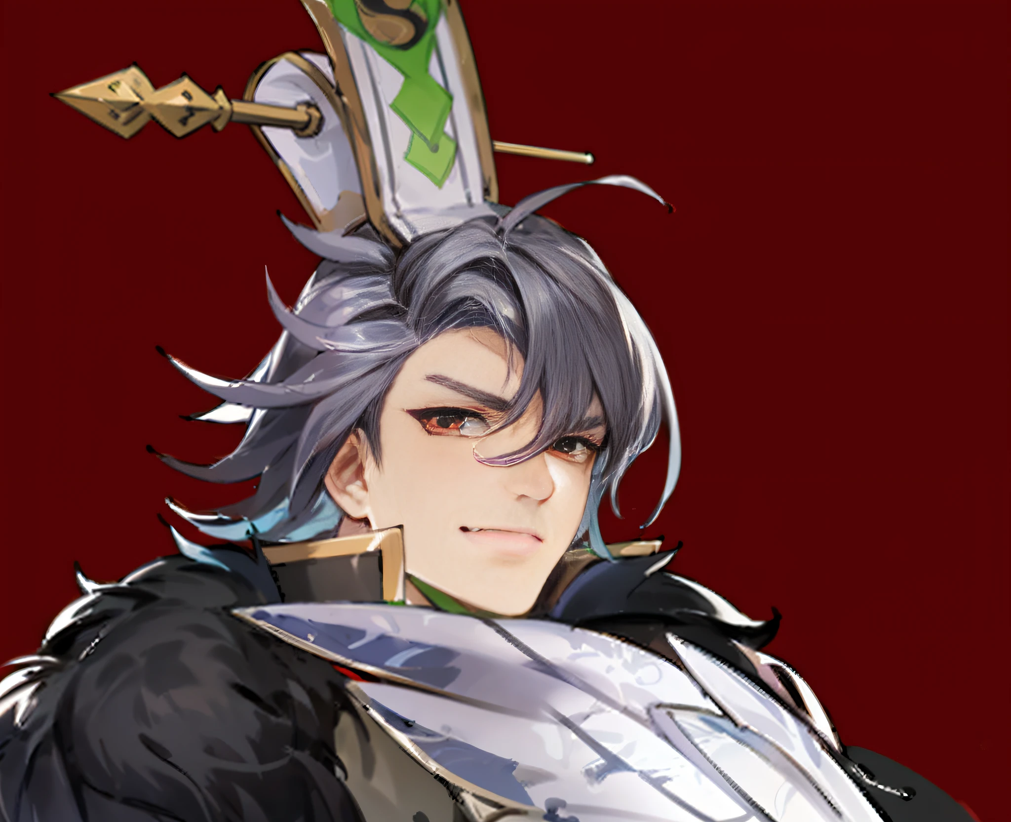 Masterpiece, Best Quality, High Resolution, (Masterpiece:1.4), Ultra Detailed, Delicate Eyes, Gray Hair, Handsome Guy, Red Pupils, Knight, Black and Red Antique Brocade Hanfu, Onmyoji Style, Gorgeous Portrait Shot, FOV, f1.8, Genshin style character, Goryoshi detail face, Onmyoji portrait, Taisho Rome, Discord PFP, Rogue smir, Casimir Art, Genshin Impact Katsakiyo, Genshin Impact Character, Clear RPG Portrait, Masamune Shiro, Genshin Impact Nakata, Goryo Details Face
