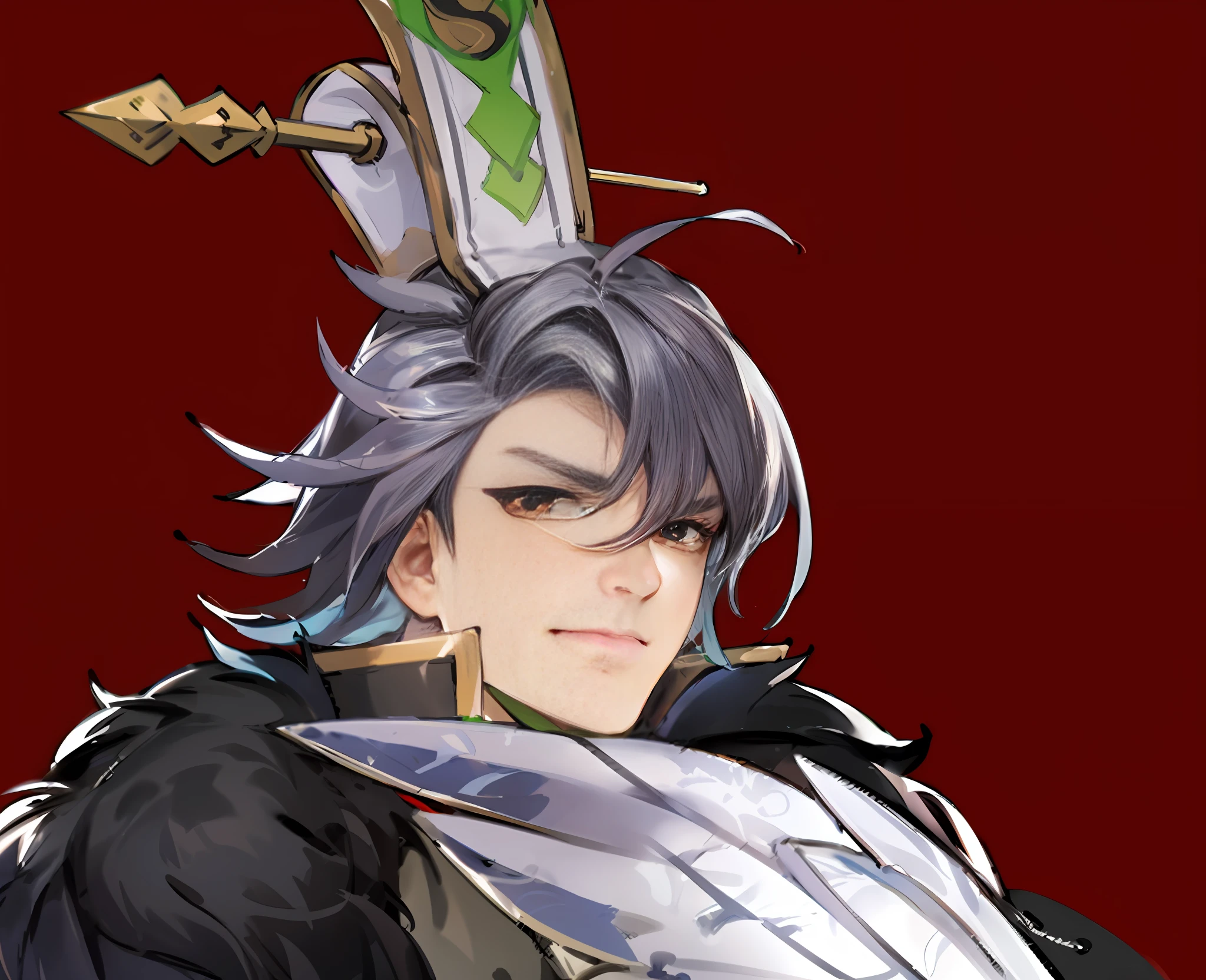 Masterpiece, Best Quality, High Resolution, (Masterpiece:1.4), Ultra Detailed, Delicate Eyes, Gray Hair, Handsome Guy, Red Pupils, Knight, Black and Red Antique Brocade Hanfu, Onmyoji Style, Gorgeous Portrait Shot, FOV, f1.8, Genshin style character, Goryoshi detail face, Onmyoji portrait, Taisho Rome, Discord PFP, Rogue smir, Casimir Art, Genshin Impact Katsakiyo, Genshin Impact Character, Clear RPG Portrait, Masamune Shiro, Genshin Impact Nakata, Goryo Details Face