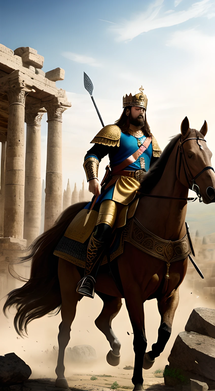 (masterpiece, best quality, high resolution:1.2), King Alaric I, (majestic Visigoth attire:1.2), crown upon his head, leading his valiant troops, fierce warriors, charging into battle, ancient city of Rome in the 5th century, grand architectural backdrop, (detailed stone buildings, crumbling ruins:1.1), clash of swords, dust-filled air, warm sunlight casting long shadows, historical accuracy, intricate details, realistic style, trending on ArtStation, intense emotion, dynamic composition, mid-action.