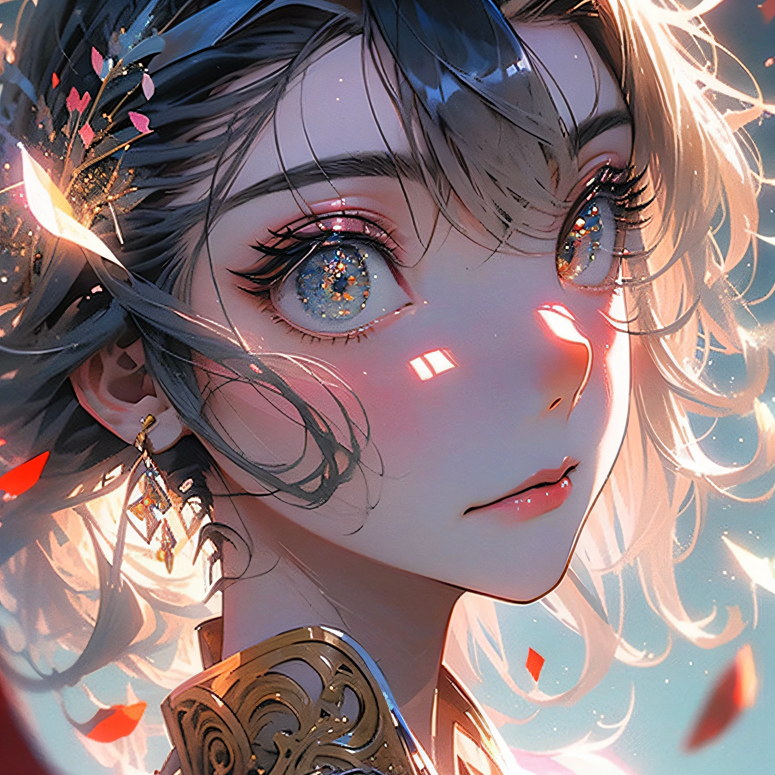Two-dimensional, anime, national style, ink and watercolor, shoujo, fairy, close-up of eyes, cherry blossom flying, golden embellishment, petals, (((masterpiece)), ((best quality))), ((super detailed)), ((illustration)), colorful, ray tracing, (messy hair), ((extremely_detailed_eyes_and_face)), cute face,