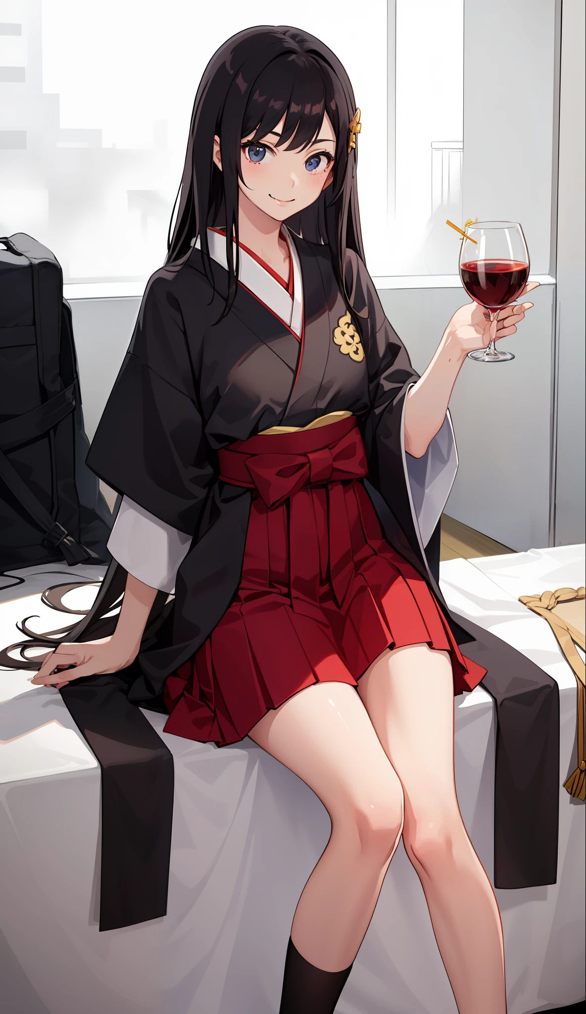 1 girl, smile, shirt, skirt, (small) chillerism, Japan high school student, priestess costume, vermilion hakama, New Year's bite, (portrait from the knee up),