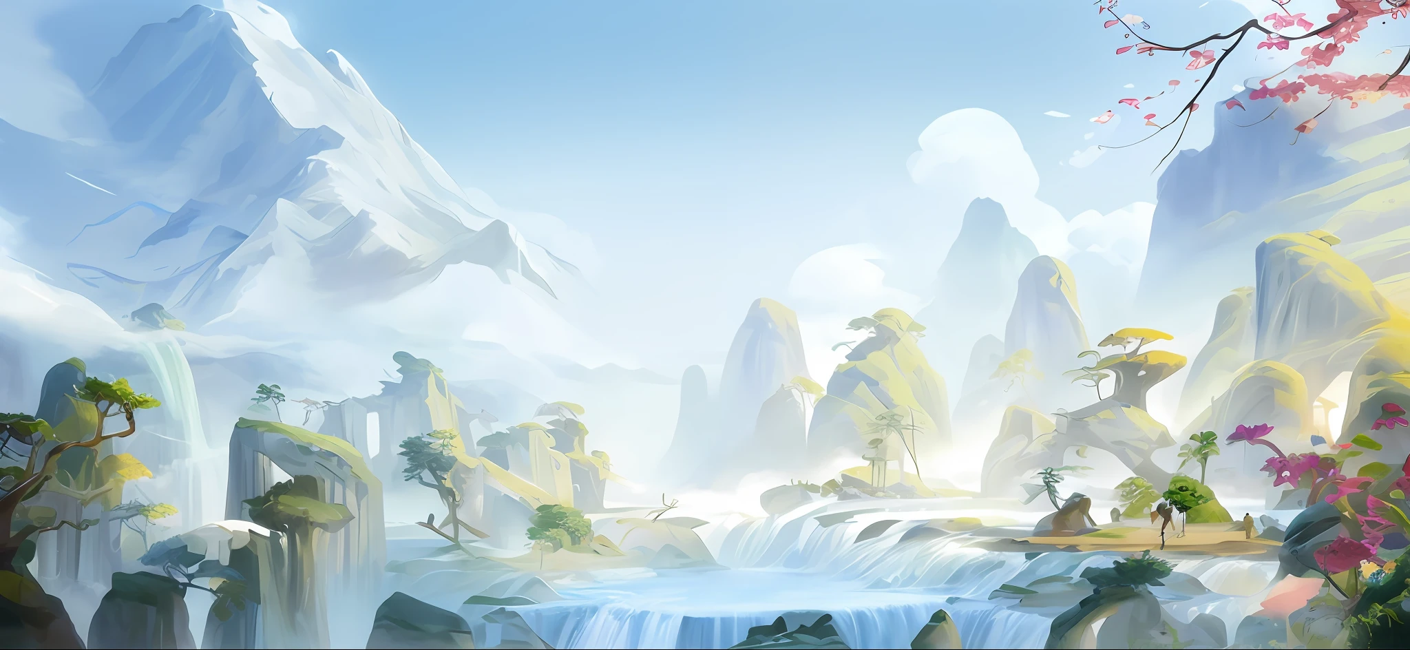 painting of a waterfall with a waterfall in the middle of it, avatar landscape, concept art. epic landscape, environment concept art, environmental concept art, painted as a game concept art, environment design illustration, smooth digital concept art, concept world art, background art, background artwork, digital painting concept art, most epic landscape, an epic landscape