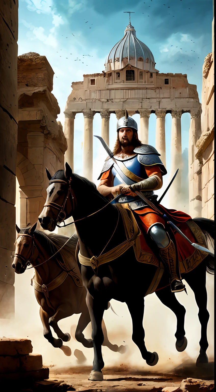 (masterpiece, best quality, high resolution:1.2), King Alaric I, (majestic Visigoth attire:1.2), crown upon his head, leading his valiant troops, fierce warriors, charging into battle, ancient city of Rome in the 5th century, grand architectural backdrop, (detailed stone buildings, crumbling ruins:1.1), clash of swords, dust-filled air, warm sunlight casting long shadows, historical accuracy, intricate details, realistic style, trending on ArtStation, intense emotion, dynamic composition, mid-action.