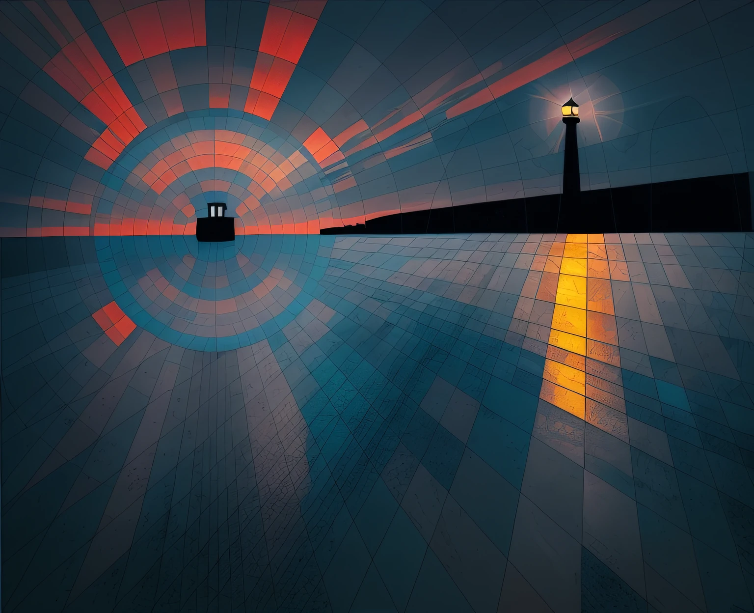 olorized seascape at night, lighthouse, in the style of graphic novel inspired illustrations, intricate landscapes
