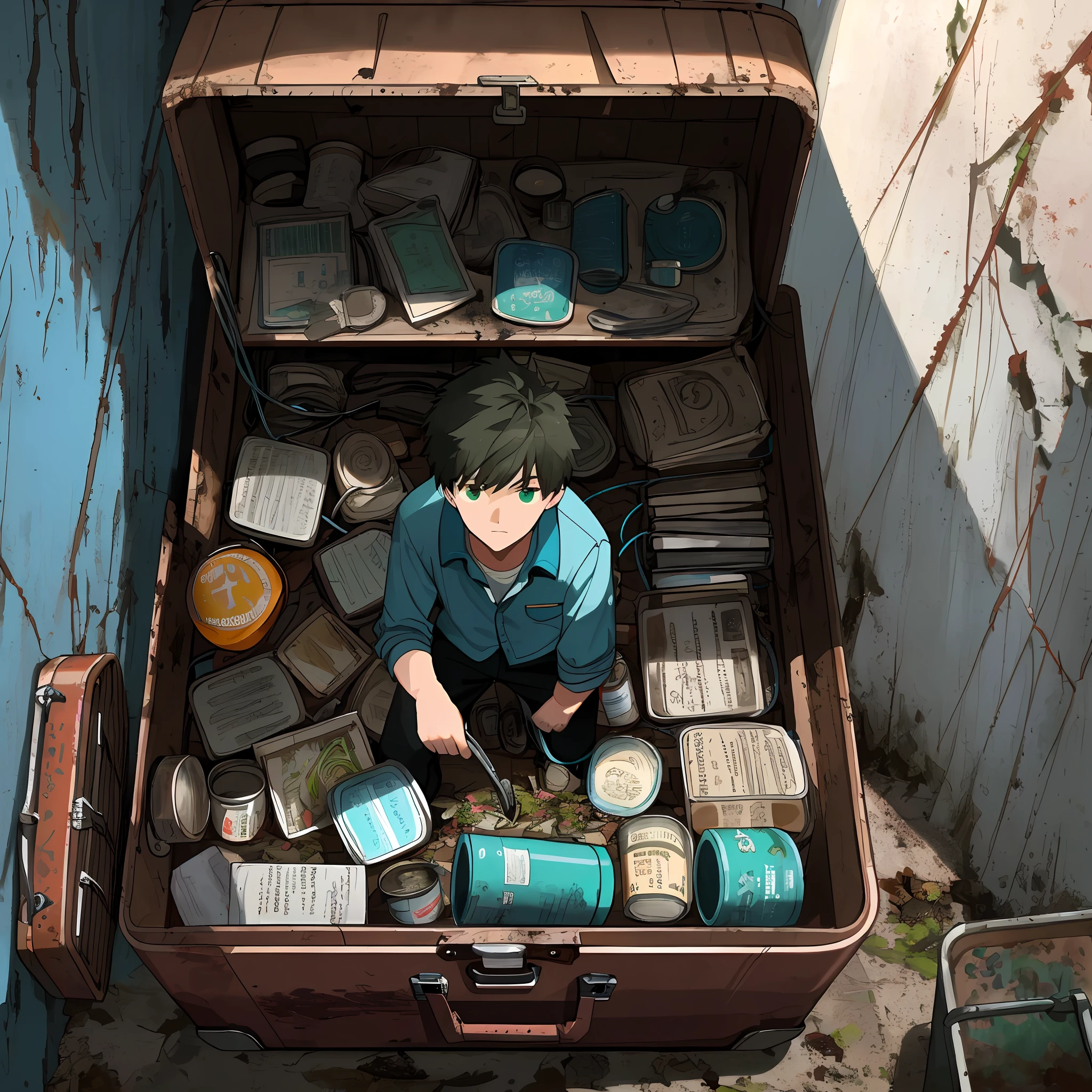 (Best Resolution), (Masterpiece), (Best Shadow), close-up of a boy standing in an abandoned room 1 open red suitcase filled with clothes (dirt on the floor, some worn-out paper, rusty cans, rusty shelves (plastic containers, pots and tattered books), old posters on the wall, cracks in the wall, green mold on the surface, gray pipes on the wall, some cables pulled by the room, blue night light, thick fog, charged environment
