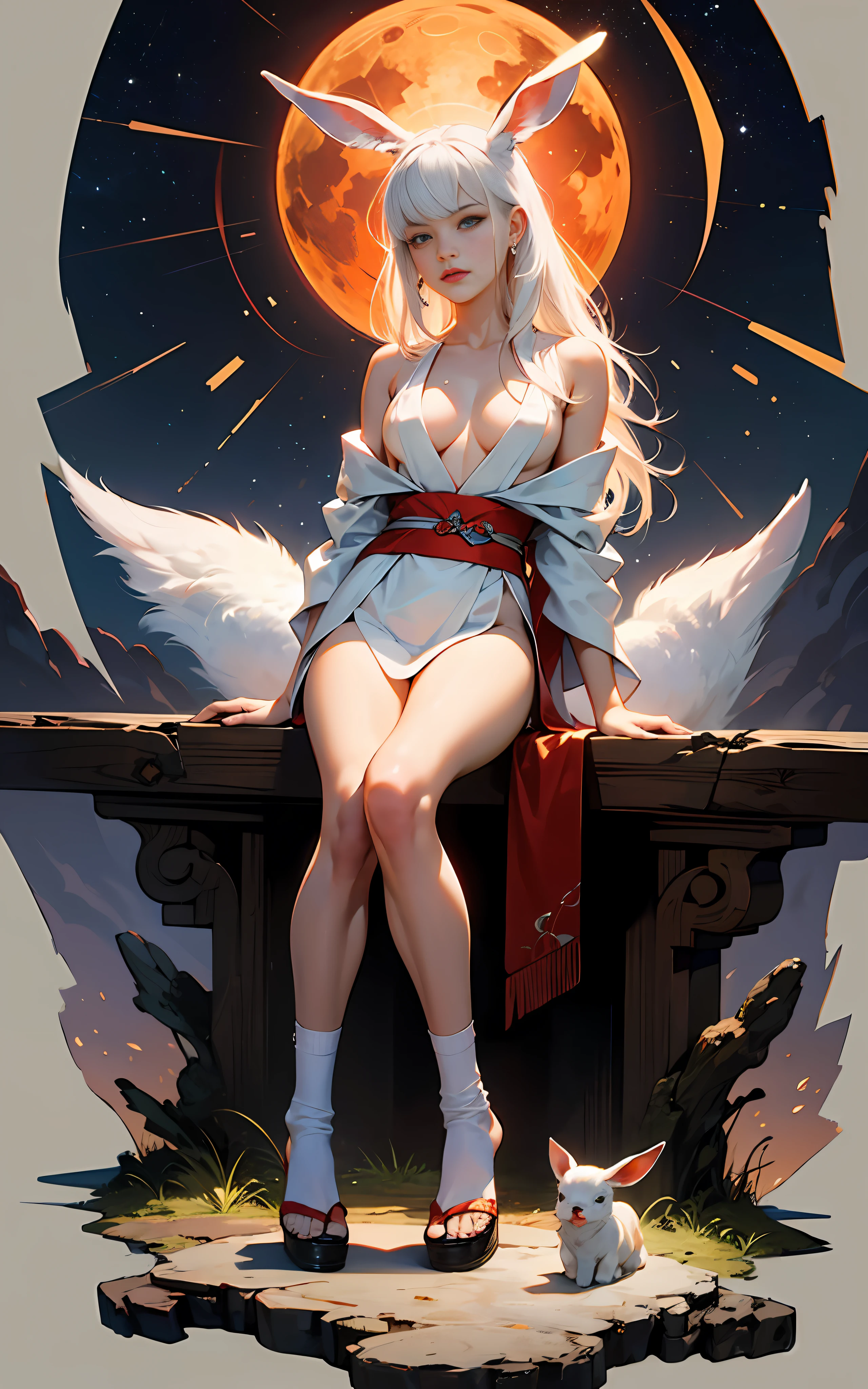 Best Image Quality, MasterPiece, Ultra High Resolution, (Accuracy: 1.4), Very beautiful girl, long straight hair, white hair with bangs, dressed in an unbuttoned kimono, naked big breasts, naked, sitting in lotus position, detailed legs, (flawless anatomy) (detailed anatomy), perfect anatomy, white socks, short socks, hands pointing to the sides, tattoo on the whole body, tattoo on the body, reads mantras, against the background of the night starry sky stands a big fluffy Hare, Red Moon. detailed eyes, eyes of different colors, detailed face, naked body,, nfsw, beautiful detailed eyes, halo around the head, dull, dark, membranous, 1.5), (erotic clothing: 1.4), bare shoulders.