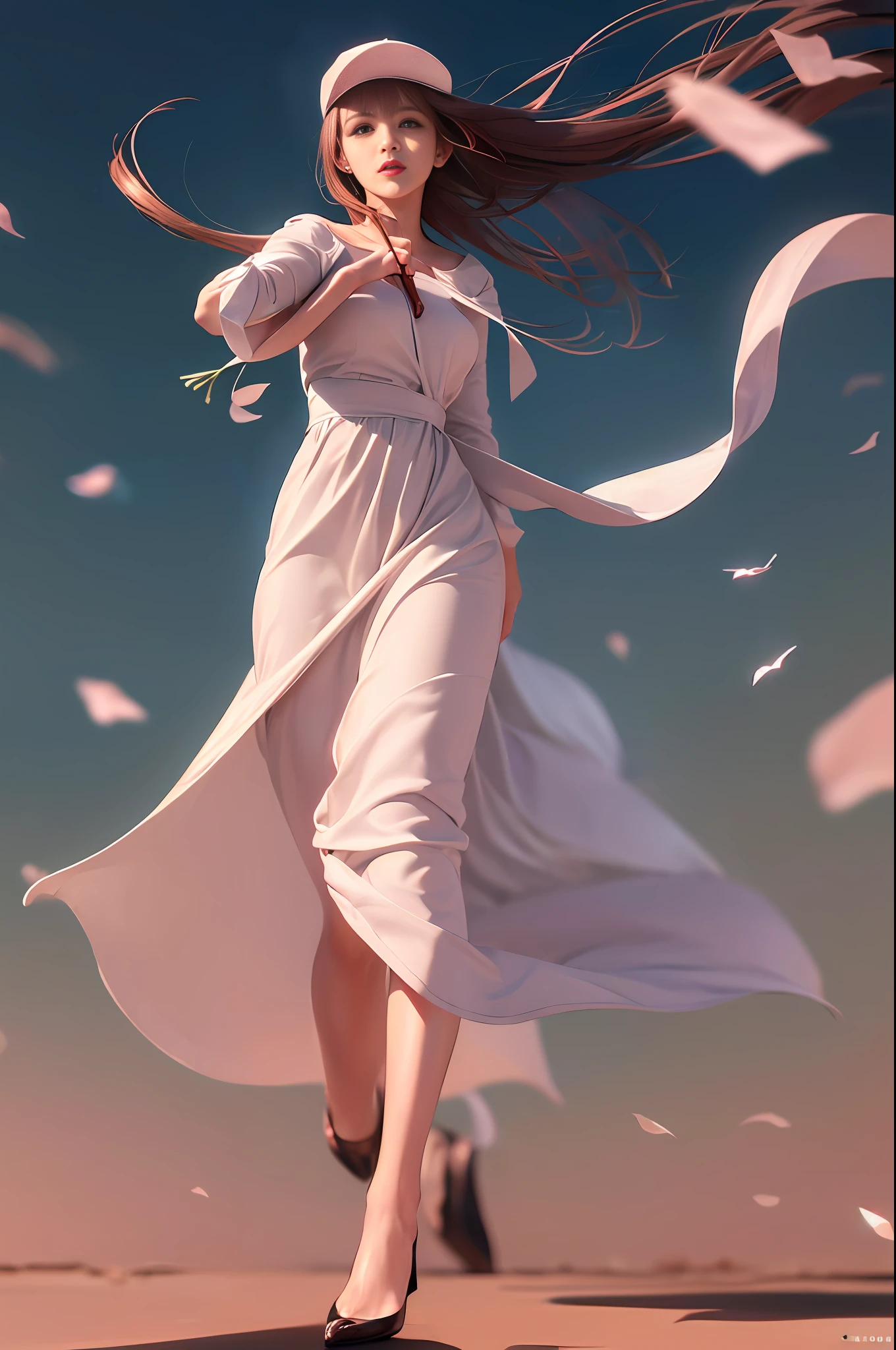 (8k, RAW photo, photorealistic:1.25), ( lip gloss, eyelashes, glossy side, shiny skin, best quality, ultra high resolution, depth of field, chromatic aberration, caustics, wide light, natural shadows, headwear, Kpop idol), (dreamy and romantic compositions: 1.5), light pink style, 1girl, (sky witch: 1.5), tall and thin beauty goddess, flowing dress, conservative girl, cloud goddess, flowing realistic fabric, wearing flowing dress, realistic, blue sky in background, (wind: 1.5), (full body: 1.5), add_detail, --auto
