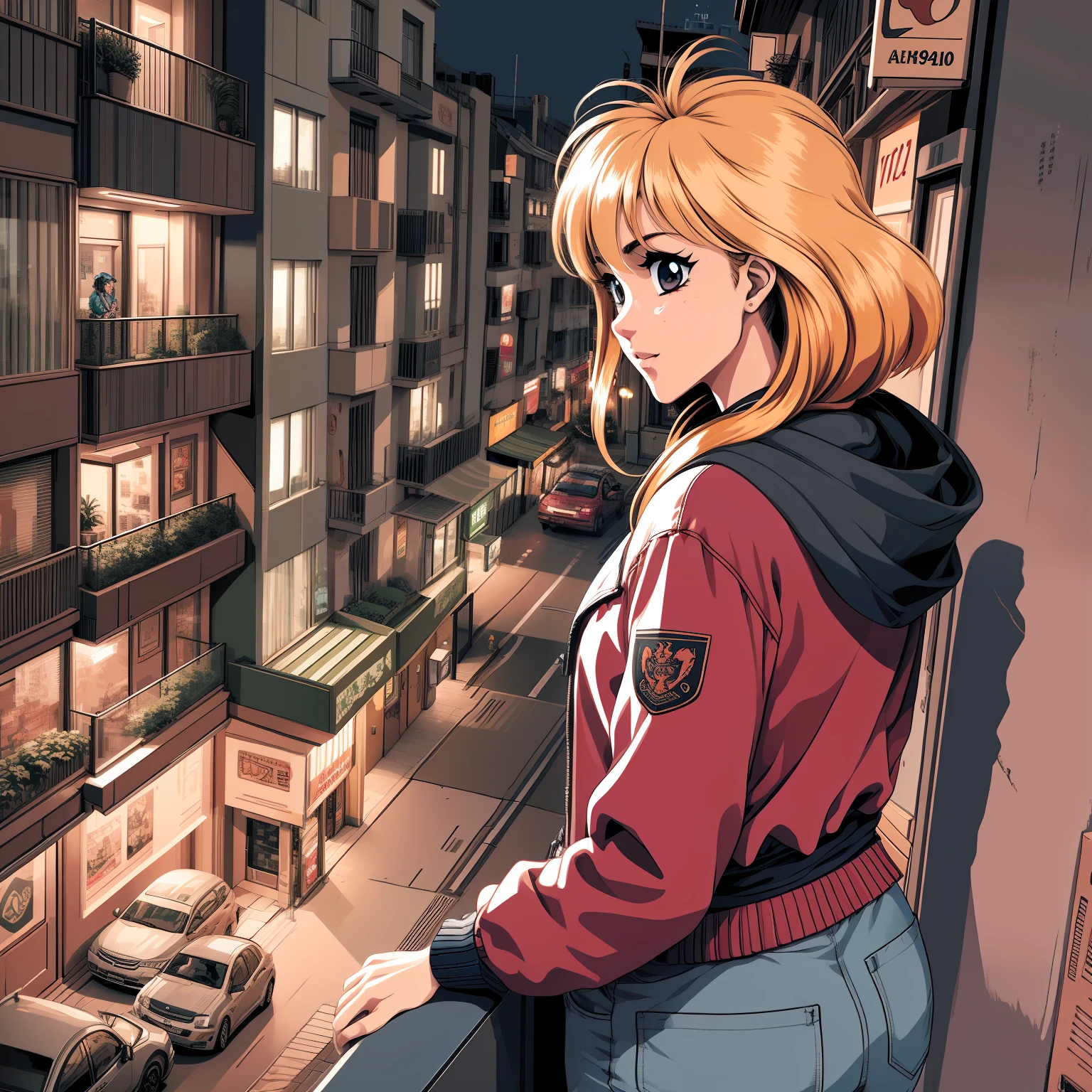 Mature-looking anime girl wearing a red jacket watching the landscape from the balcony of an apartment overlooking the city at night, image with third-person perspective, 3 0 4 0 x 1 4 4 0 detailed pixel art, 3 0 4 0 x 1 4 4 0, 32-bit pixel art,  vibrant pixelated art, colorful detailed pixel art, carefully detailed anime pixel art, originally detailed vibrant anime pixel art, detailed neon pixel art, pc-98 pixelart, policenauts style pixel art, 1 6-bit colors