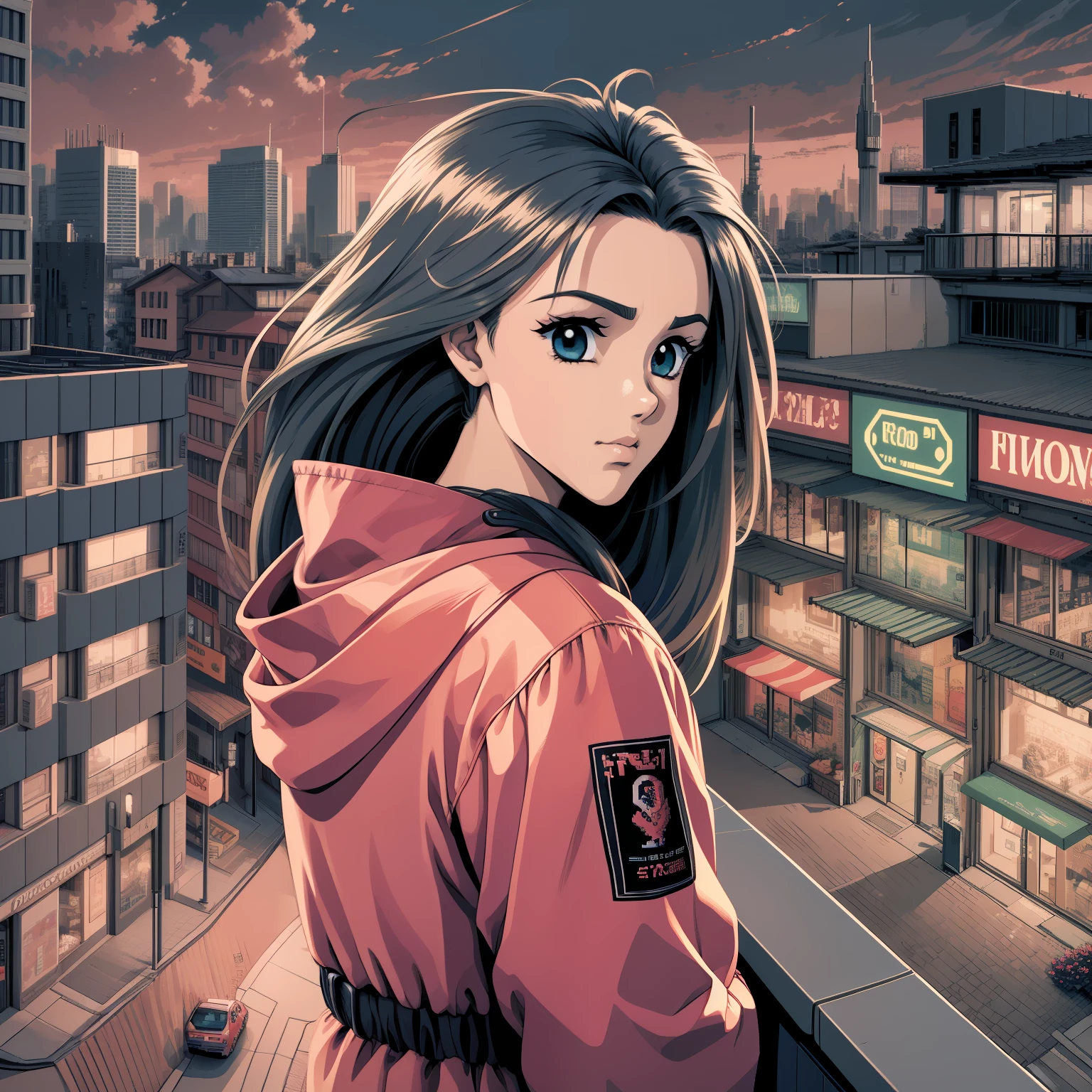 Mature-looking anime girl wearing a red jacket watching the landscape from the balcony of an apartment overlooking the city at night, image with third-person perspective, 3 0 4 0 x 1 4 4 0 detailed pixel art, 3 0 4 0 x 1 4 4 0, 32-bit pixel art,  vibrant pixelated art, colorful detailed pixel art, carefully detailed anime pixel art, originally detailed vibrant anime pixel art, detailed neon pixel art, pc-98 pixelart, policenauts style pixel art, 1 6-bit colors