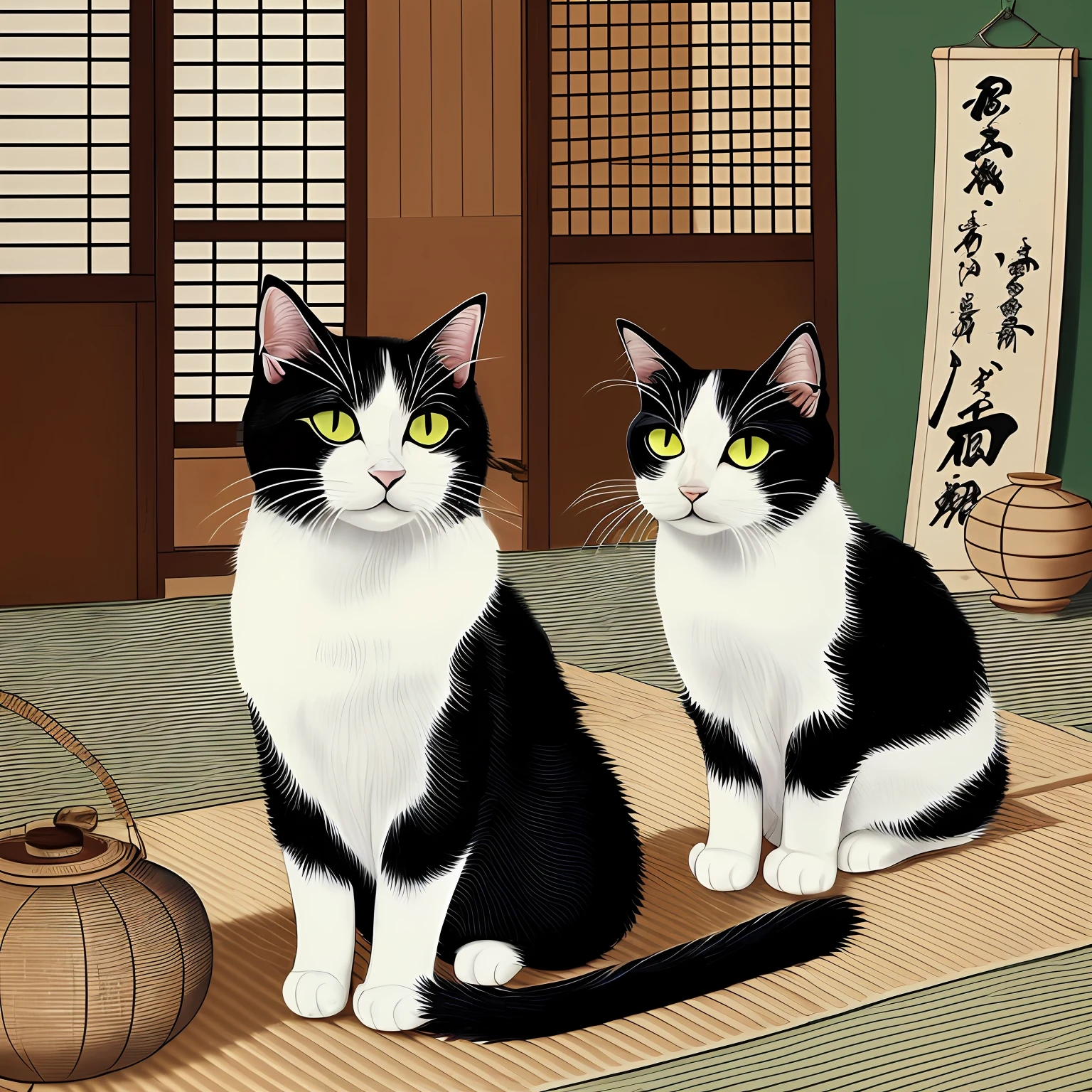 À la Fed painting of cats, Ultra high definition painting by Katsushika Oi, Flickr, Sosaku prints, Kaguya Otsutsuki, Japan classical art, Edo period, hanging scrolls, 1 8th century Japan paintings, ancient Japan paintings, Edo period, ukiyo-e, yokai, monsters, monsters, duels, death fights, battles, black and white cats, menacing
