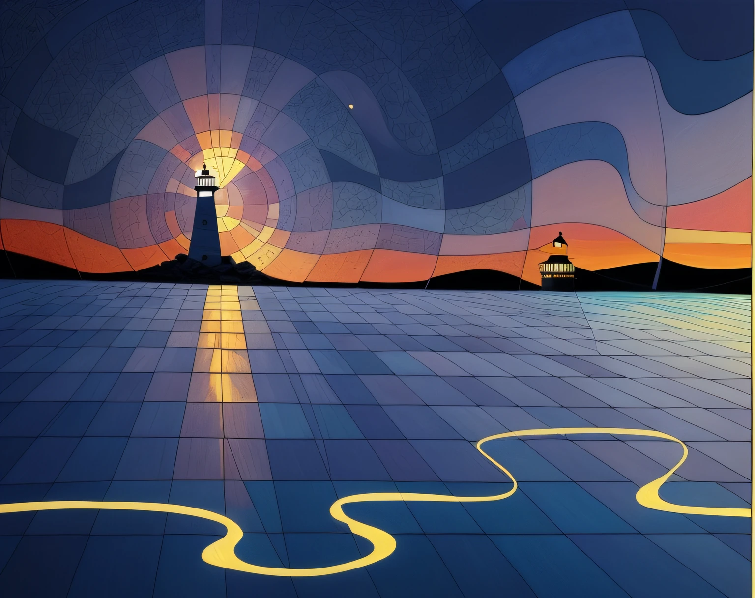 colorized seascape at night, lighthouse, in the style of graphic novel inspired illustrations, intricate landscapes