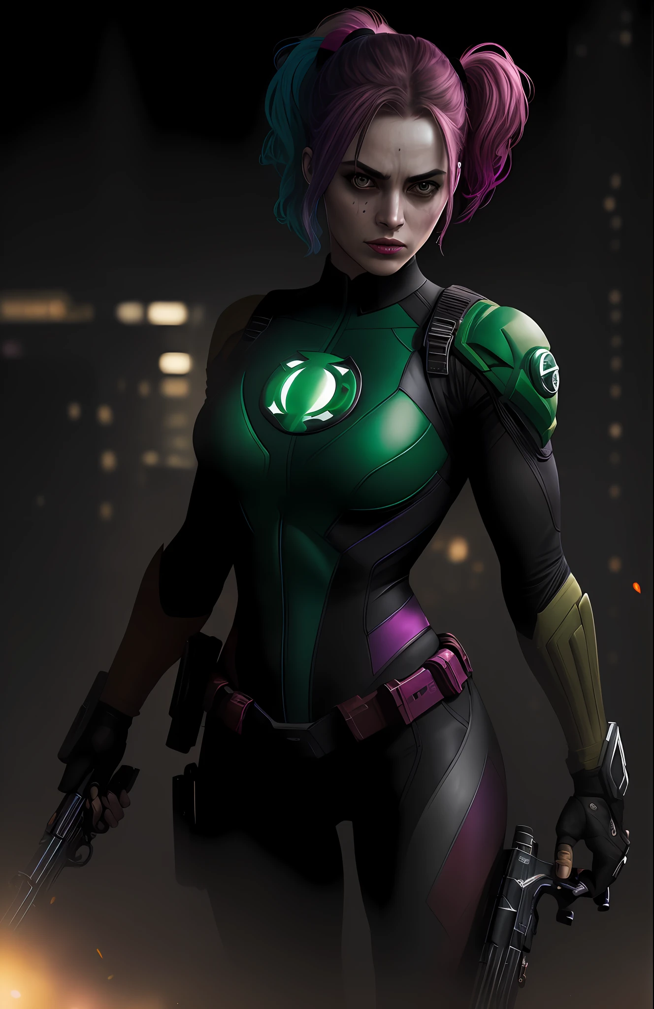 (dark shot: 1.1), epic realistic, Harley Quinn Green Lantern from DC, gradient yellow, black, brown and magenta color scheme, grunge aesthetic!!! graffiti tag wall background, art by Greg Rutkowski and artgerm, soft cinematic light, Adobe Lightroom, darkroom, HDR, intricate, highly detailed, (depth of field: 1.4), faded, (neutral colors: 1.2), (hdr: 1.4), (muted colors: 1.2), hyper-detail (artstation: 1.4), cinematic, warm light, dramatic light (complex details: 1.1)
