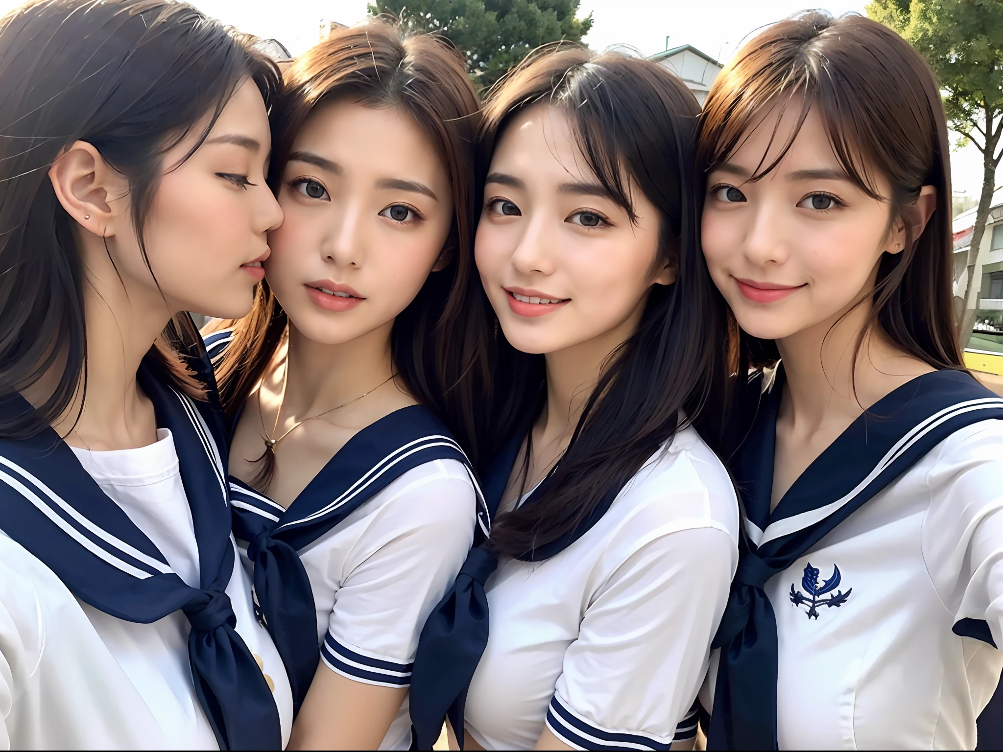 A stunning trio japanese woman with an slim figure, embrace each other, (small bosom:1.4). in sailor wearing