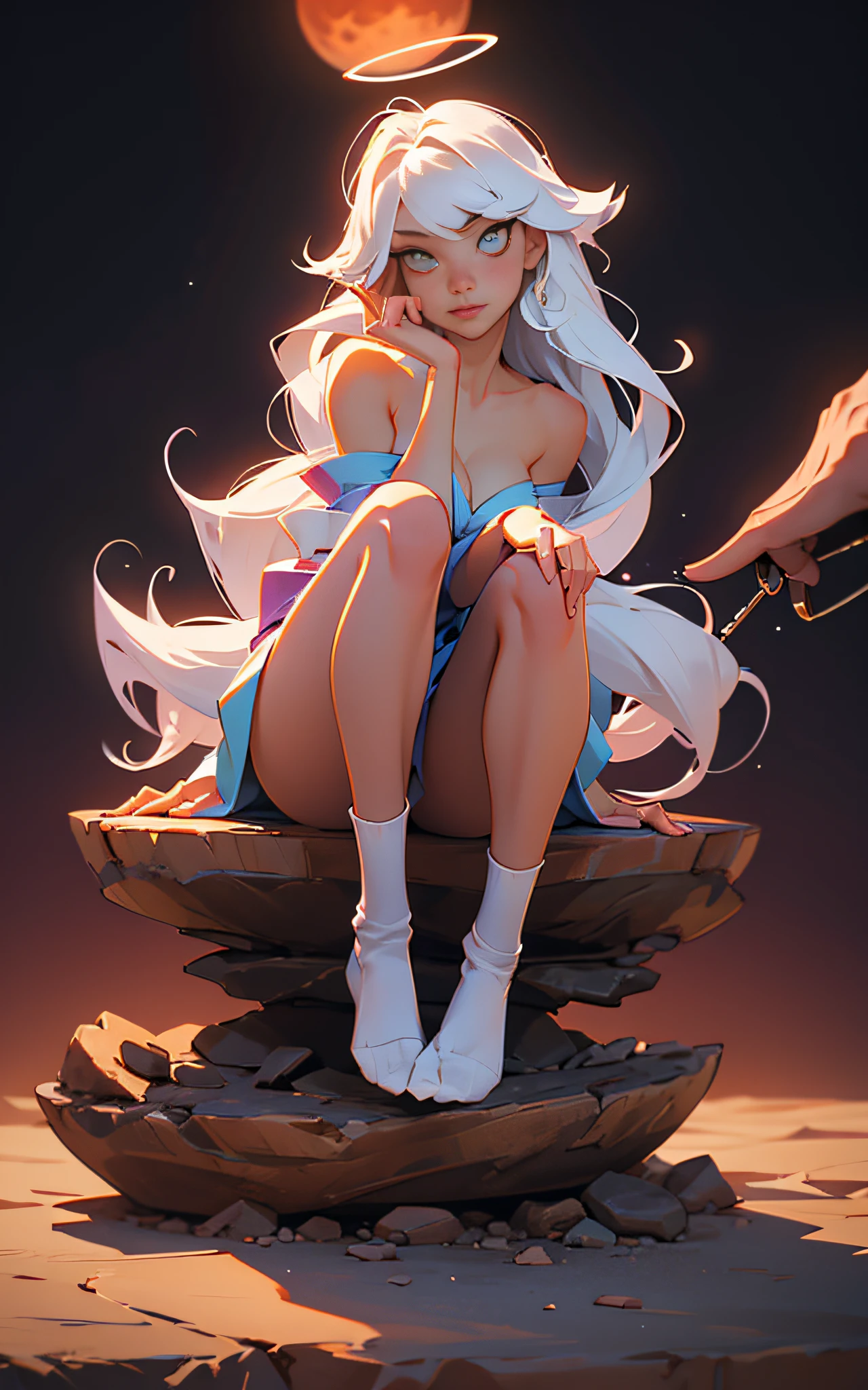 Best Image Quality, MasterPiece, Ultra High Resolution, (Accuracy: 1.4), Very beautiful girl, long straight hair, white hair with bangs, dressed in an unbuttoned kimono, naked big breasts, naked, sitting in lotus position, detailed legs, (flawless anatomy) (detailed anatomy), perfect anatomy, white socks, short socks, hands pointing to the sides, tattoo on the whole body, tattoo on the body, reads mantras, against the background of the night starry sky stands a big fluffy Hare, Red Moon. detailed eyes, eyes of different colors, detailed face, naked body,, nfsw, beautiful detailed eyes, halo around the head, dull, dark, membranous, 1.5), (erotic clothing: 1.4), bare shoulders.