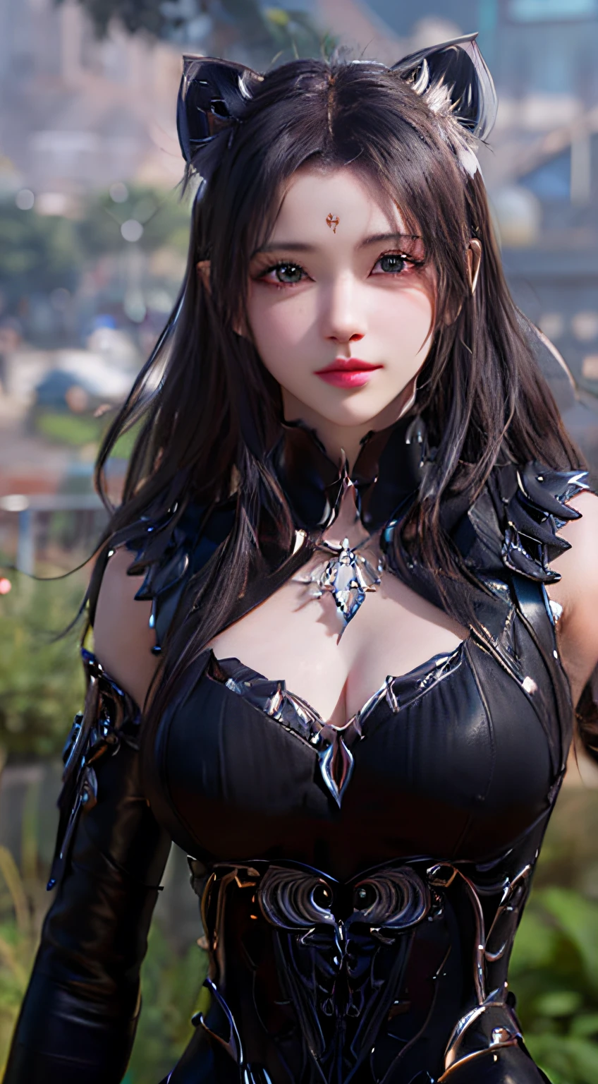 Close-up of a cat-eared woman in a black dress, 8K high quality detail art, 3D rendered character art 8 K, 4K detail fantasy, game CG, Artgerm; 3D Unreal Engine, smooth anime CG art, wearing shiny cuirass, ultra-detailed fantasy characters, 8K art bacterial bokeh, portrait of Tifa Lockhart, ((Need for Beauty)), ((Face Close-up)), ((Perfect Face)), ((Delicate Facial Features)), ((Beautiful Eyes))