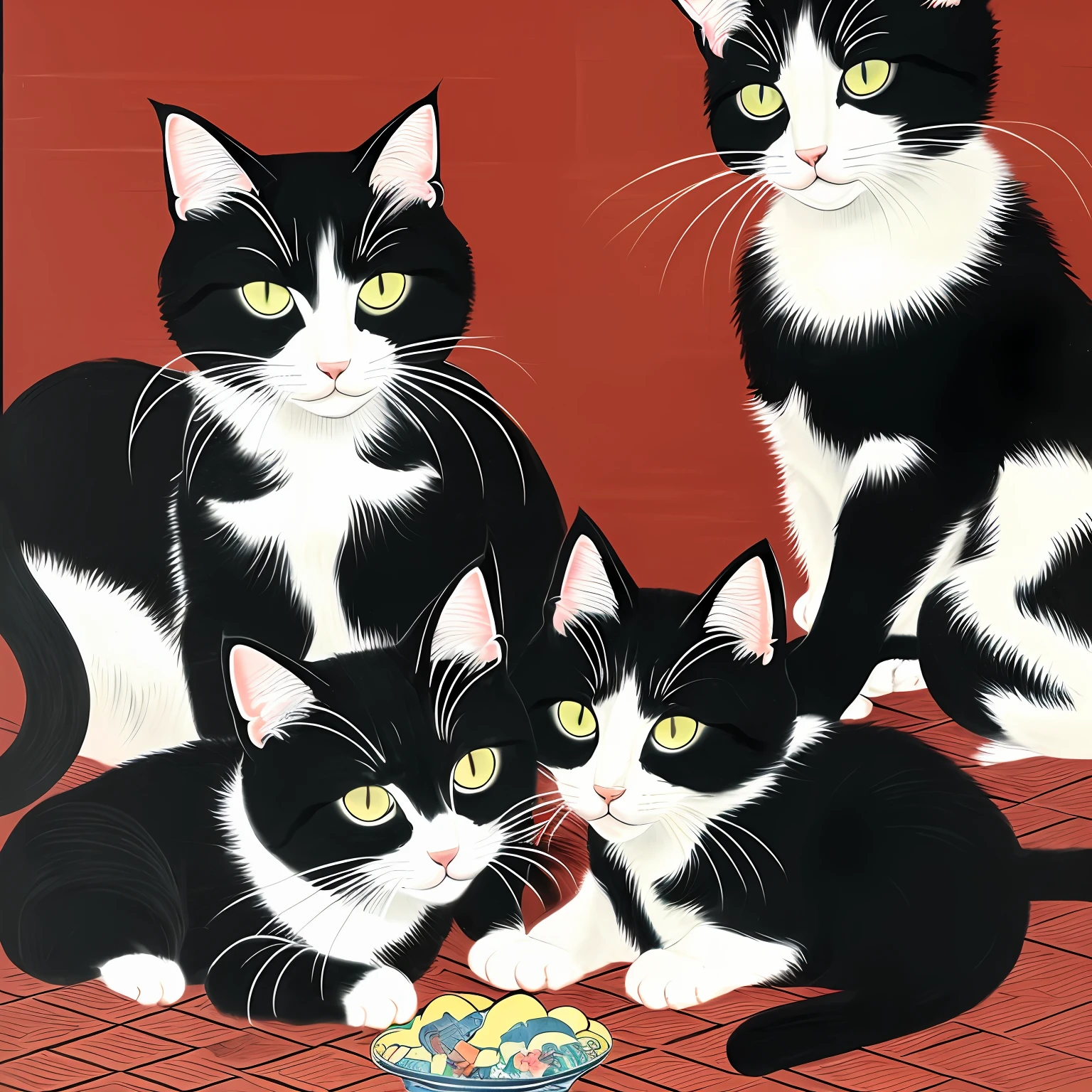 À la Fed painting of cats, Ultra high definition painting by Katsushika Oi, Flickr, Sosaku prints, Kaguya Otsutsuki, Japan classical art, Edo period, hanging scrolls, 1 8th century Japan paintings, ancient Japan paintings, Edo period, ukiyo-e, yokai, monsters, ghosts, monsters, duels, death fights, battles, black and white cats