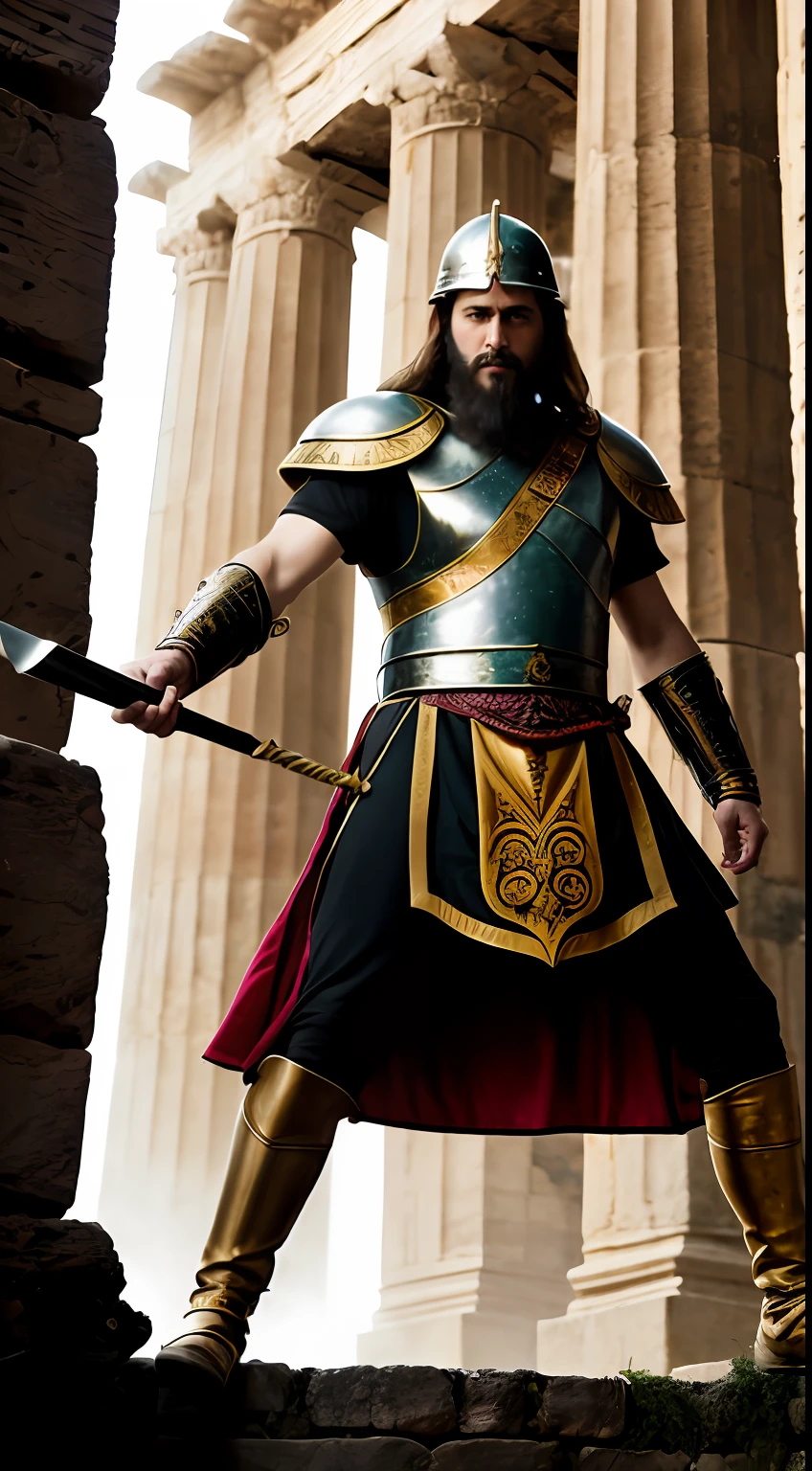 (masterpiece, raw photo, high resolution:1.3), King Alaric I, (regal Visigoth garments:1.2), commanding presence, leading his Visigoth troops, battle-hardened warriors, engaging in combat against the Roman Empire, ancient city of Rome as the backdrop, (worn stone structures:1.1), aged arches, broken columns, authentic historical setting, realistic style, dramatic lighting, capturing the essence of the 5th century, trending on ArtStation, intense action, gritty atmosphere.