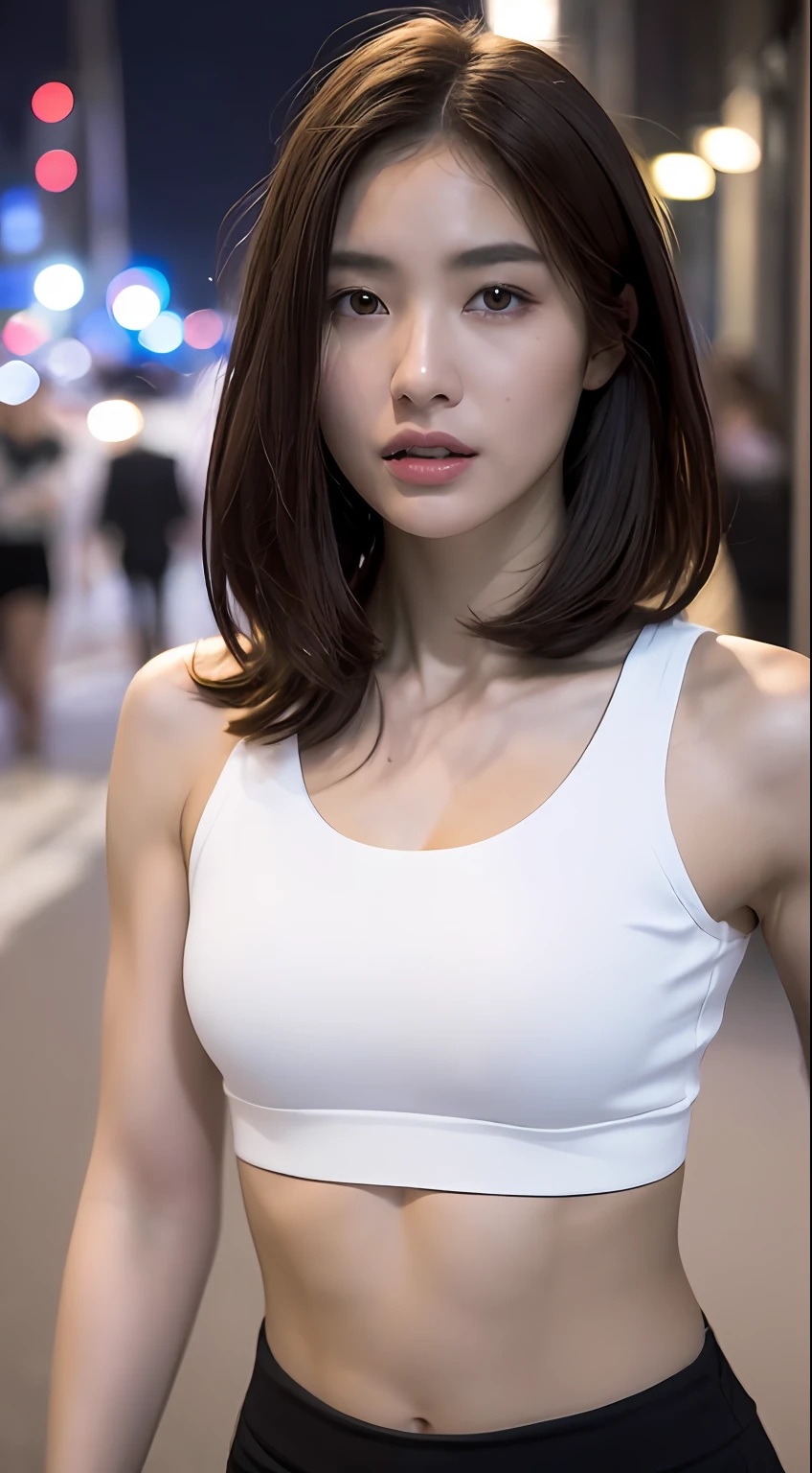 ((Realistic lighting, Best quality, 8K, Masterpiece: 1.3)), Clear focus: 1.2, 1girl, Perfect Figure: 1.4, Slim Abs: 1.1, ((Dark brown hair)), (White crop top: 1.4), (Outdoor, Night: 1.1), City streets, Super fine face, Fine eyes, Double eyelids,