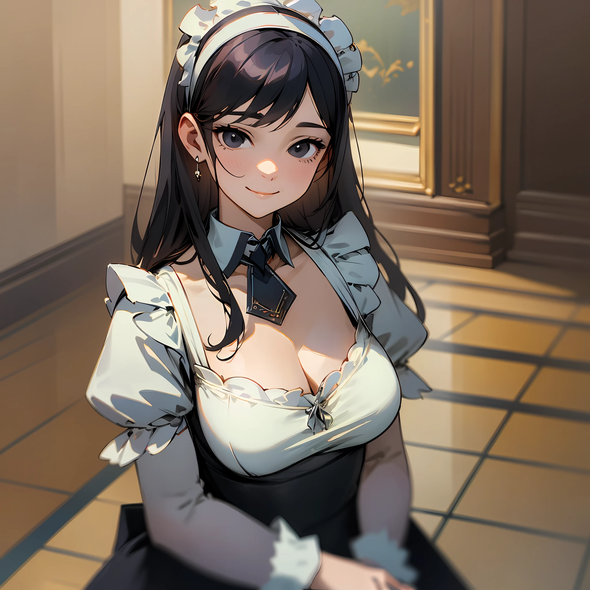 (best quality, masterpiece) 1 woman, black straight hair, black eyes, dim eyes, medium length chin, black maid's dress, maid's headband, upper body, bust shot, large chest, calm posture, peaceful atmosphere, smile, indoor background, blurred background, Color Field painting, high detail, modern, anime, Romanticism, drop shadow, image fill, UHD, masterpiece, super detail, high details, high quality, best quality, HD