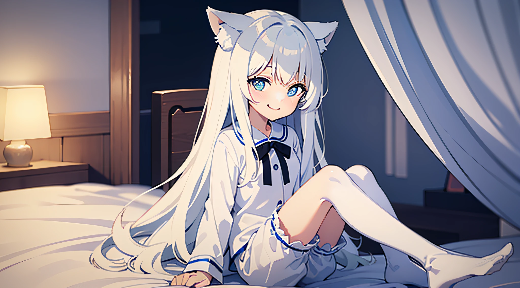 134 cm tall, blue and white pupils, cheerful white long-haired loli wearing white pajamas, white stockings, head with wolf ears, small short hands, small hands white and tender. She was sitting on the bed of white sheets, holding the white quilt and smiling.