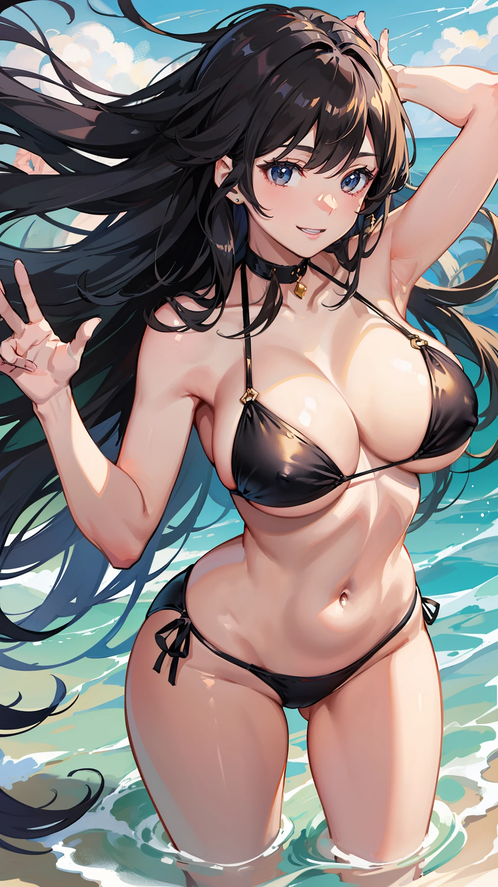 large breasts,tall of a person,whole body,spread legs,cleavage between breasts,sexy pose,bikini,semi-long hair,wave hair,black hair,black eyes,smiling,cute,flushed cheeks,beach,illustration style,best quality,masterpiece,ultra-detailed