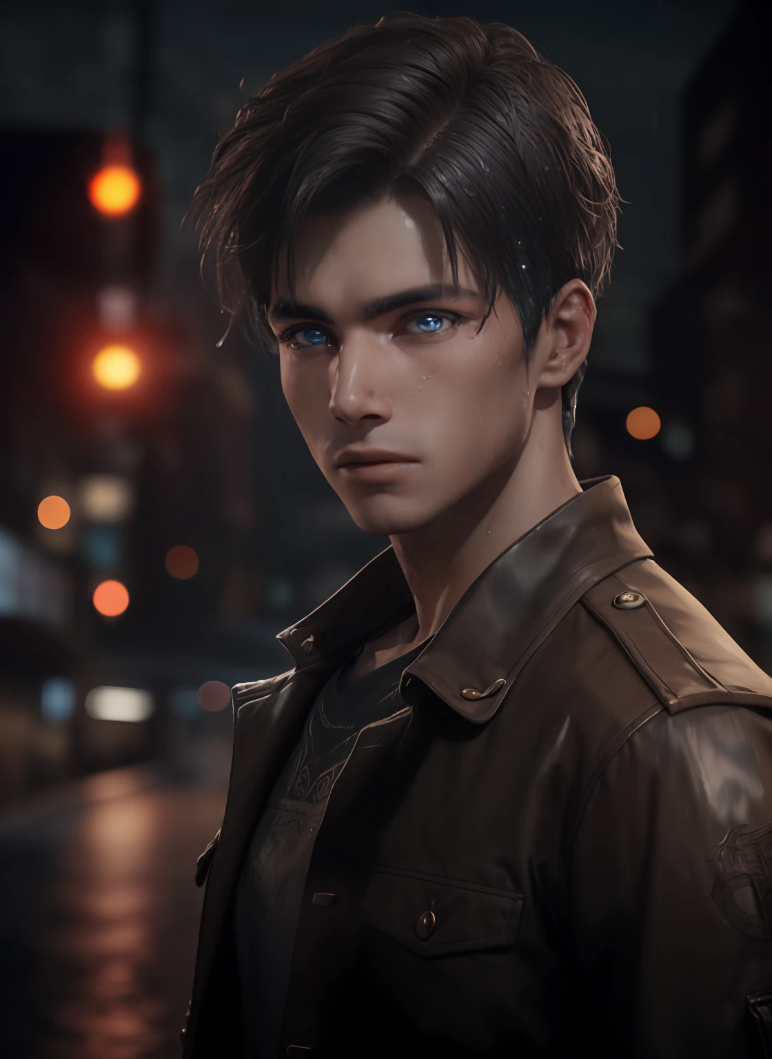 (RAW photo: 1.2), ((photorealistic: 1.4), (masterpiece: 1.3), (best quality: 1.4), ultra-high resolution, (detailed facial features), (detailed clothing features), HDR, 8k resolution, Handsome guy, , (masterpiece, ultra quality, high resolution, 8k, intricate: 1.2), (detailed face: 1.2), Mesmerizing portrait of a young guy in a translucent tunic soaked in the rain, his charming eyes looking through tousled hair, eyes, visible through hair, correct eye position, natural skin, backlight, cinematic light, bezel light, soft light, thighs, at night, urban background, detailed color background, complex, very detailed, octane rendering, HD, 8k,